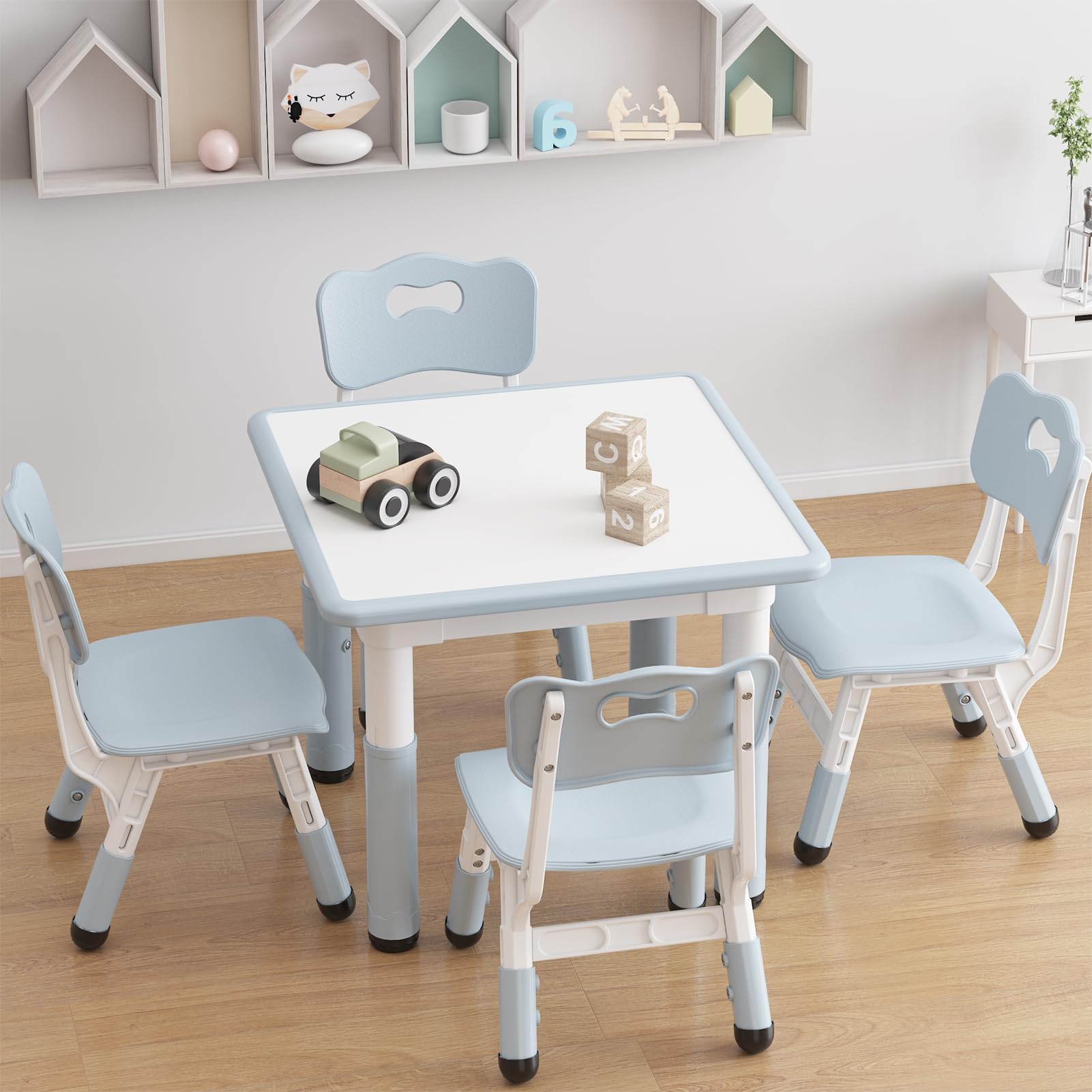 GAOMON Adjustable Kids Table and 4 Chairs Set with Graffiti Desktop - 4-in-1 Toddler Activity Table for Reading, Drawing, Playing & Eating - Perfect for Playrooms, Preschools & Daycares