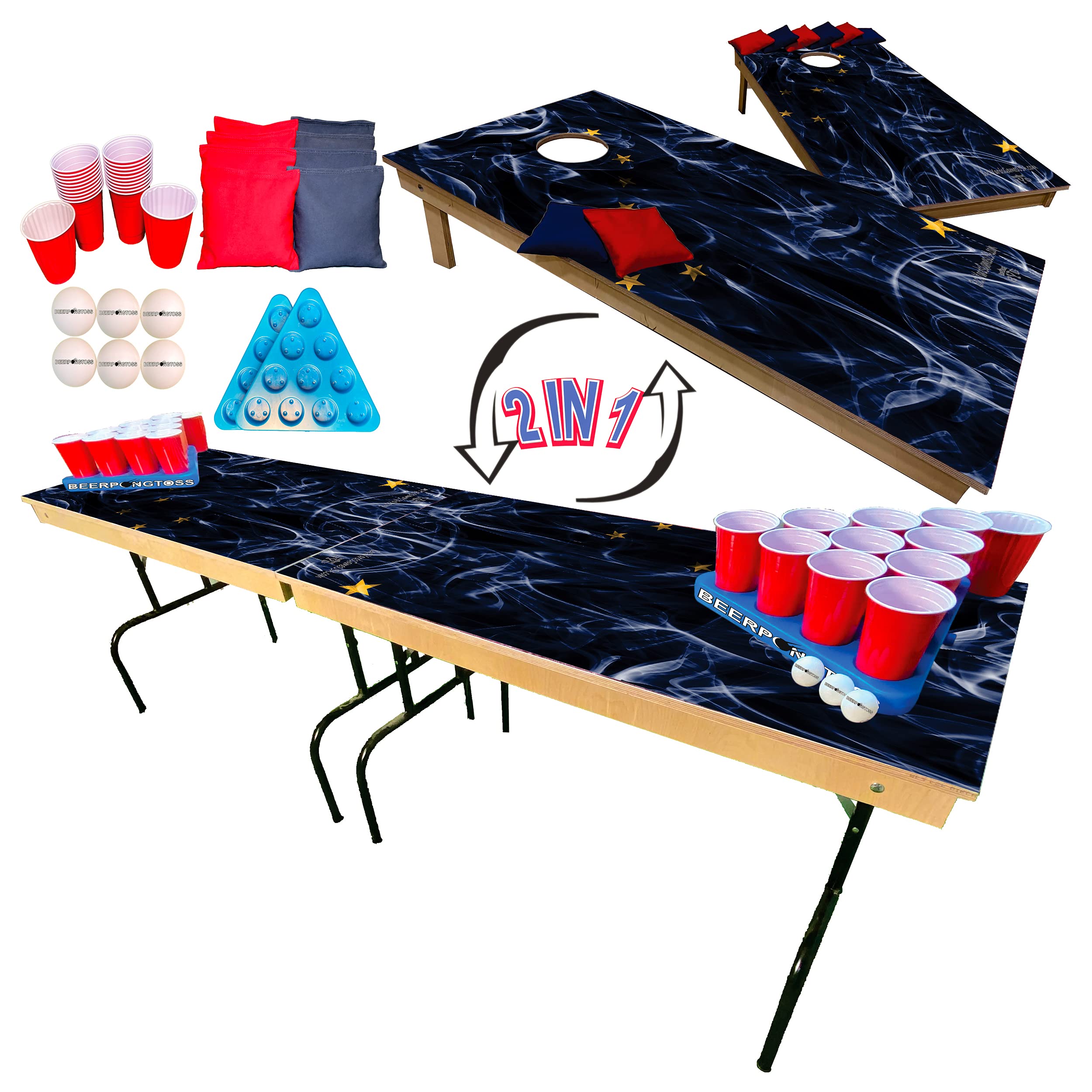 2-in-1 Cornhole & Tailgate Pong Table with Alaska State Flag Design - 8ft Portable Game Set for College Parties, Tailgating & Backyard Fun - Includes Cornhole Boards (4x2ft), 8 Bags, 22 Cups, 6 Balls & 2 Racks - Perfect for Outdoor Gatherings, BBQs & Game Nights
