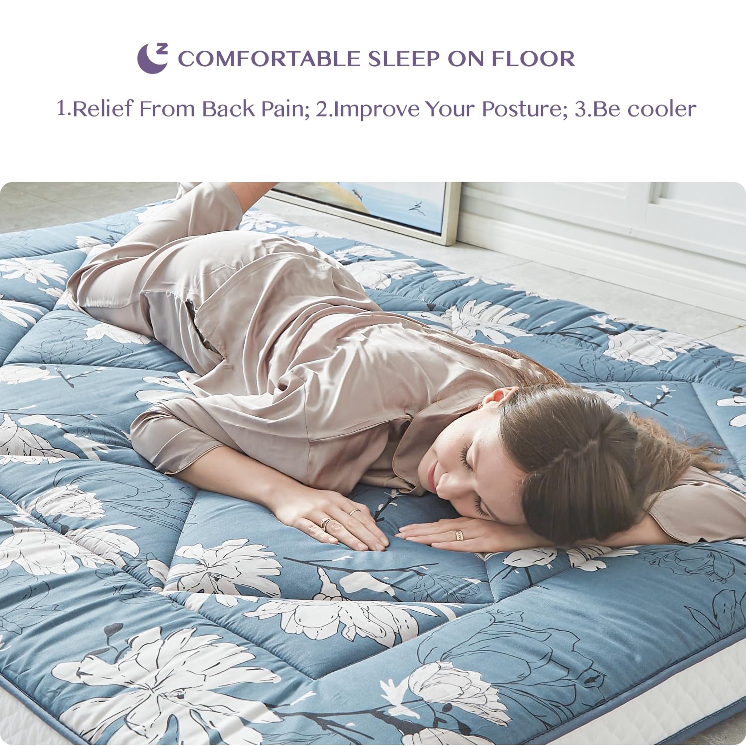 Japanese Floor Mattress Futon - Extra Thick Roll-Up Mattress Bed Topper for Guest, Lounger or Travel - White Flower Design - Full-XL Size - Perfect for Home, Office & Camping Use