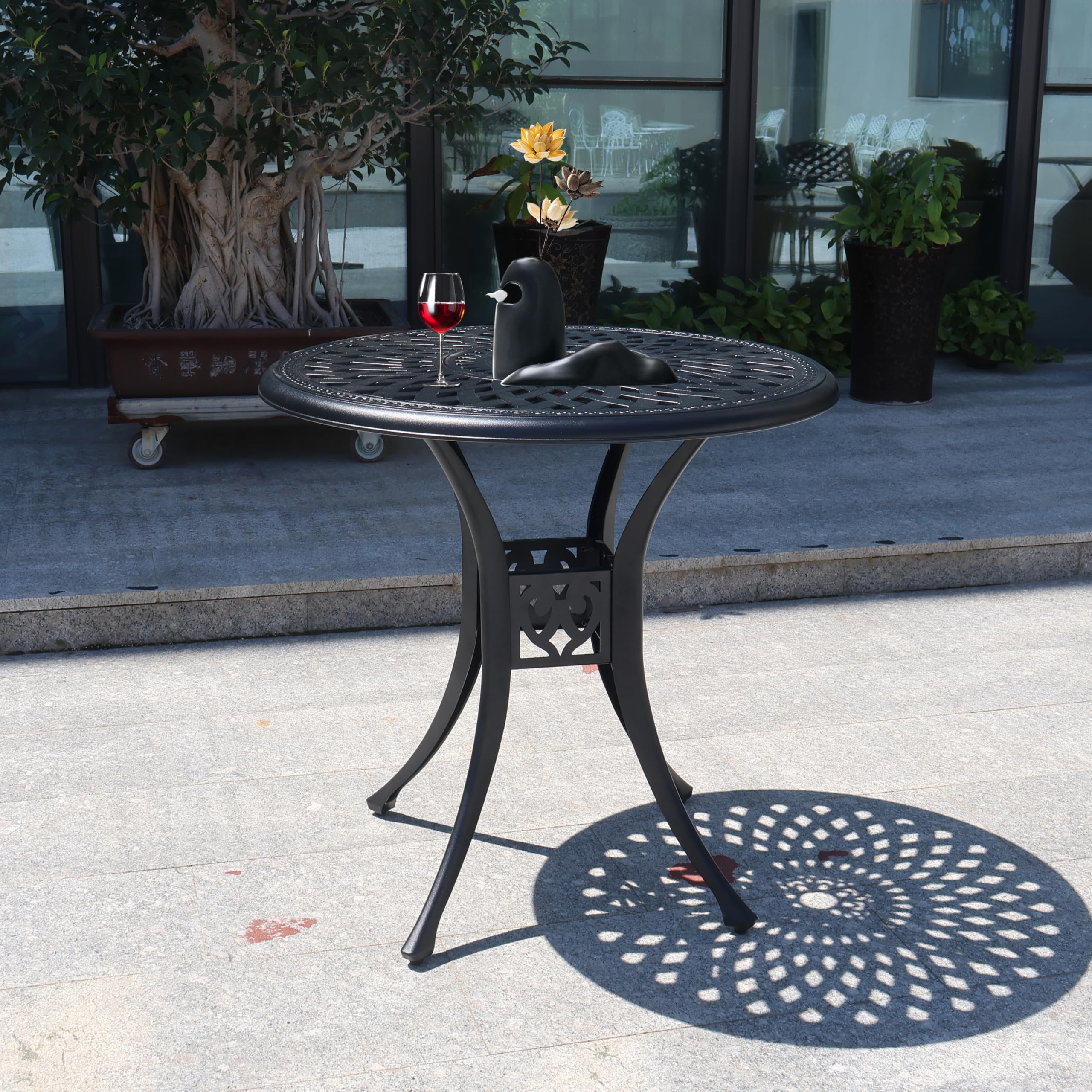 30.3 Inch Round Outdoor Patio Dining Table - Heavy Duty Cast Aluminum All-Weather Metal Bistro Table with Umbrella Hole - Perfect for Backyard, Garden, Balcony, Poolside & Outdoor Entertaining - Black