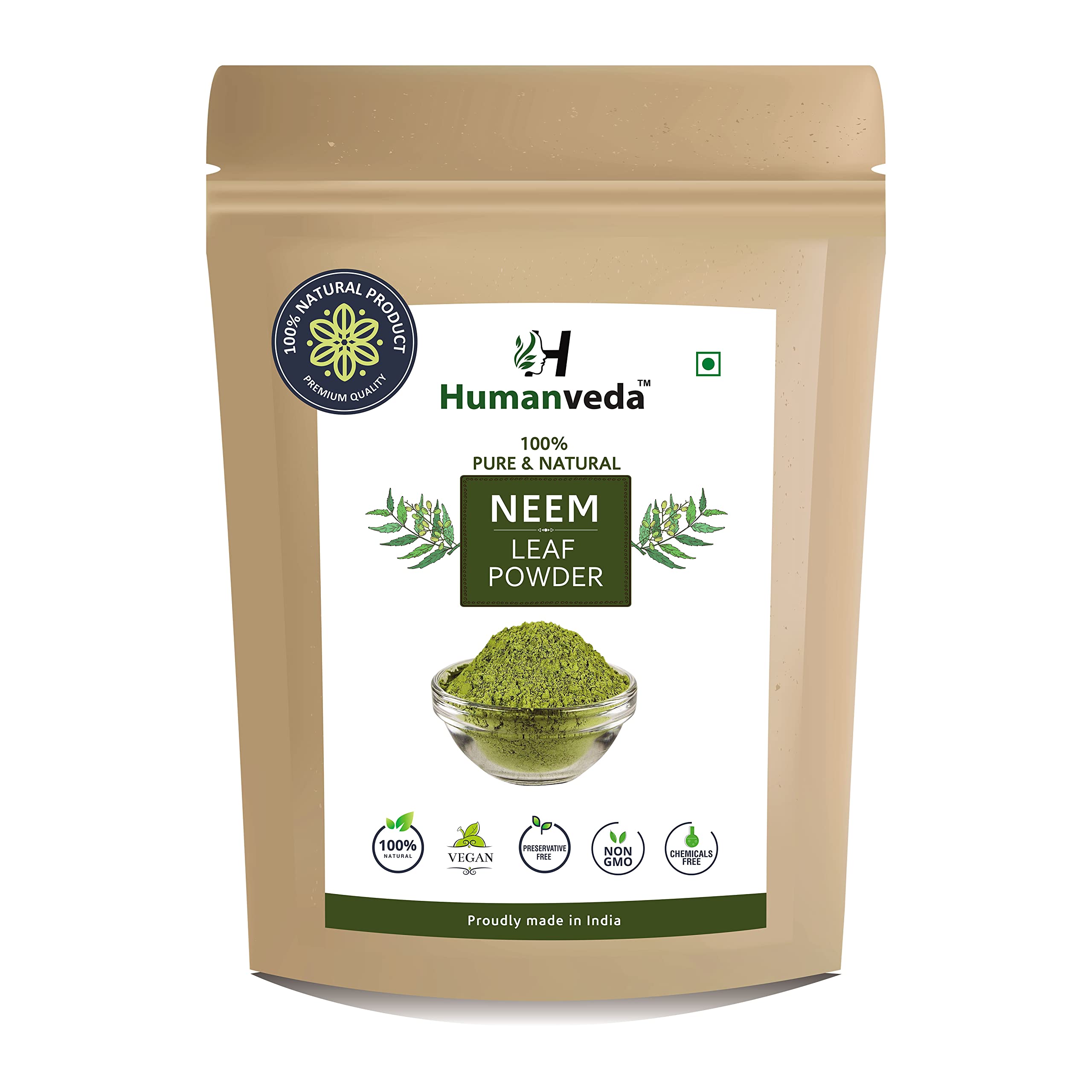 Humanveda Natural & Herbal Neem Leaves Powder (Azadirachta Indica/Indian Lilac) - 100g | Organic Skin & Hair Care for Acne-Free Complexion & Silky Hair | Sun-Dried, Stemless | Perfect for DIY Face Masks, Hair Cleansing & Natural Beauty Routines