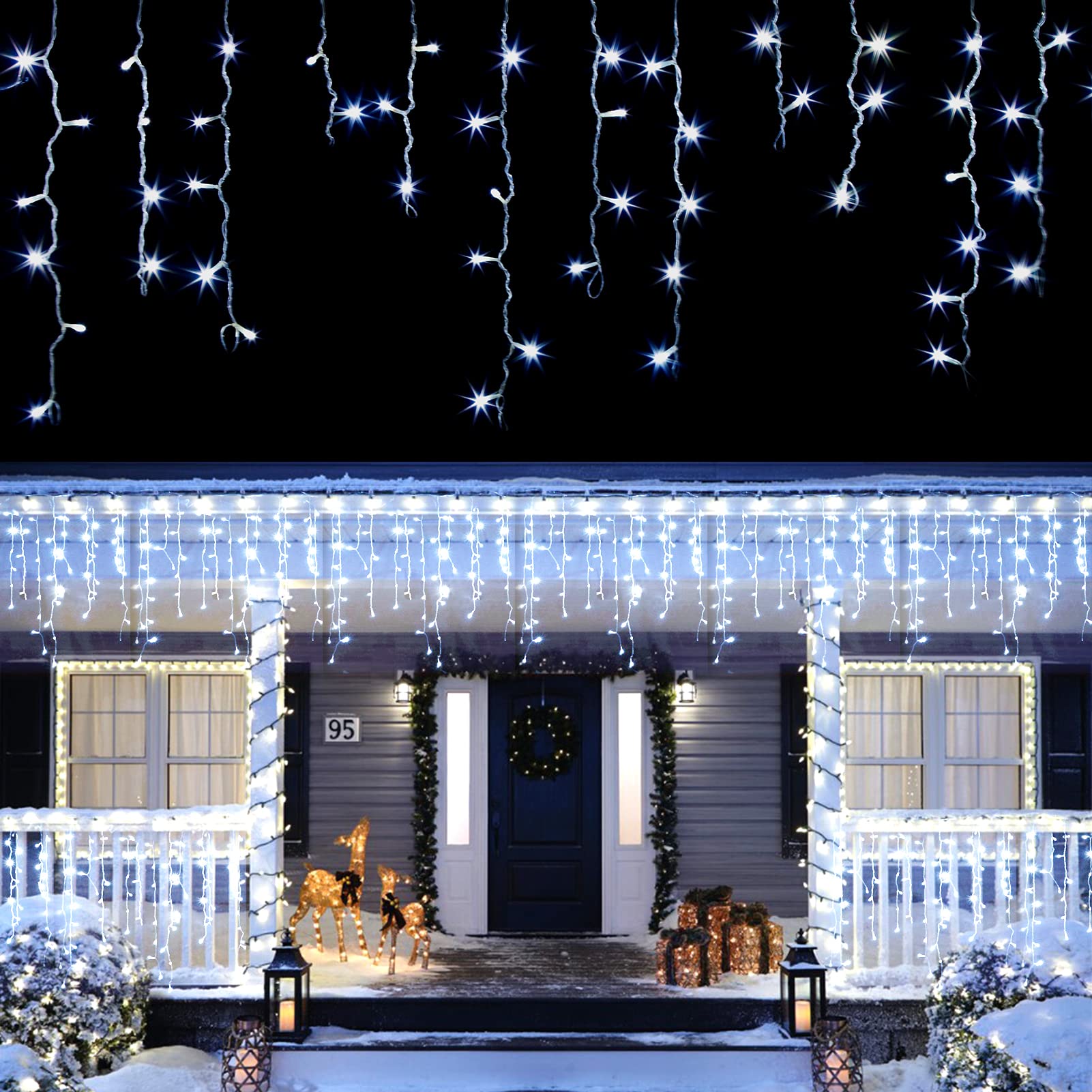 640 LED Icicle Christmas Lights - 65.6ft Waterproof Fairy String Lights with 8 Lighting Modes & 120 Drops for Indoor Outdoor Decor - Perfect for Bedroom, Window, Easter Party, Holiday Decorations (Cold White)