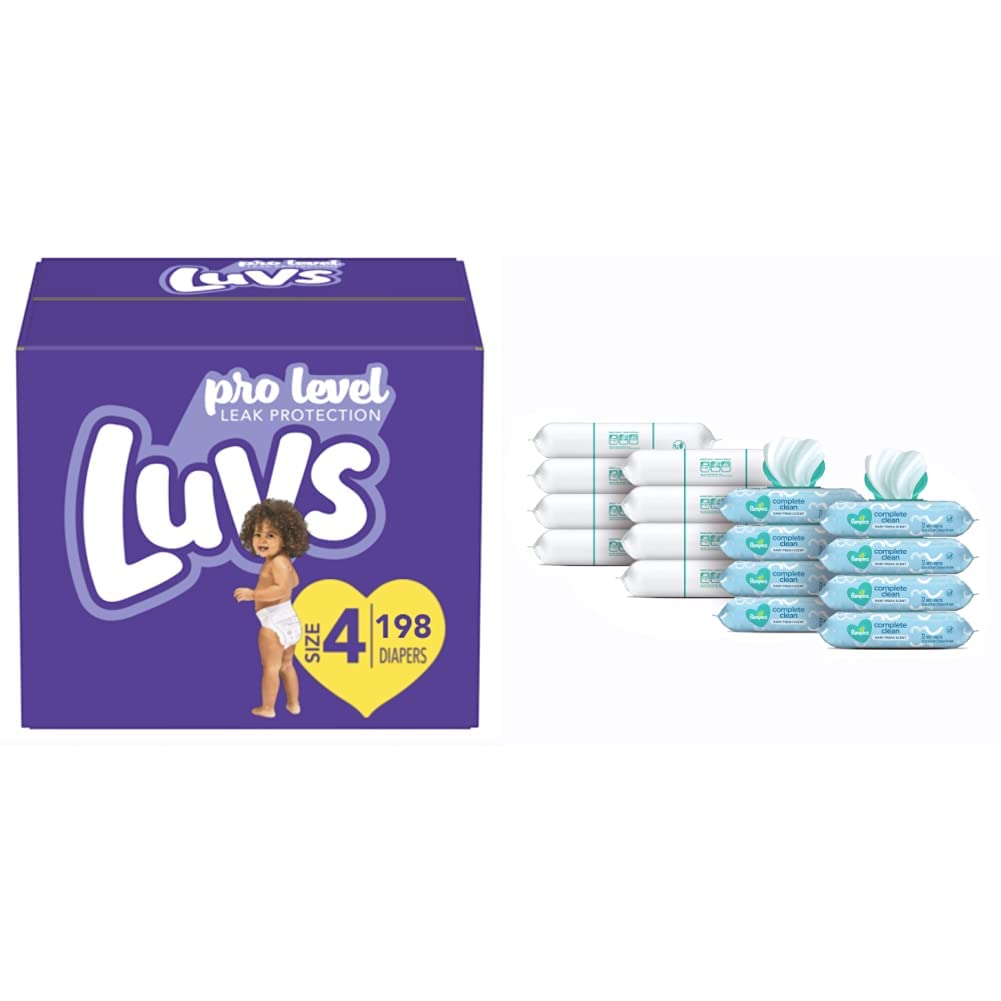 Luvs Pro Level Leak Protection Diapers Size 4 (2 X 198 Count) & Pampers Baby Wipes Refill Packs - 1152 Total Wipes for Sensitive Skin | Ultra Absorbent Diapers & Gentle Cleansing Wipes | Perfect for Daycare, Travel & Overnight Protection