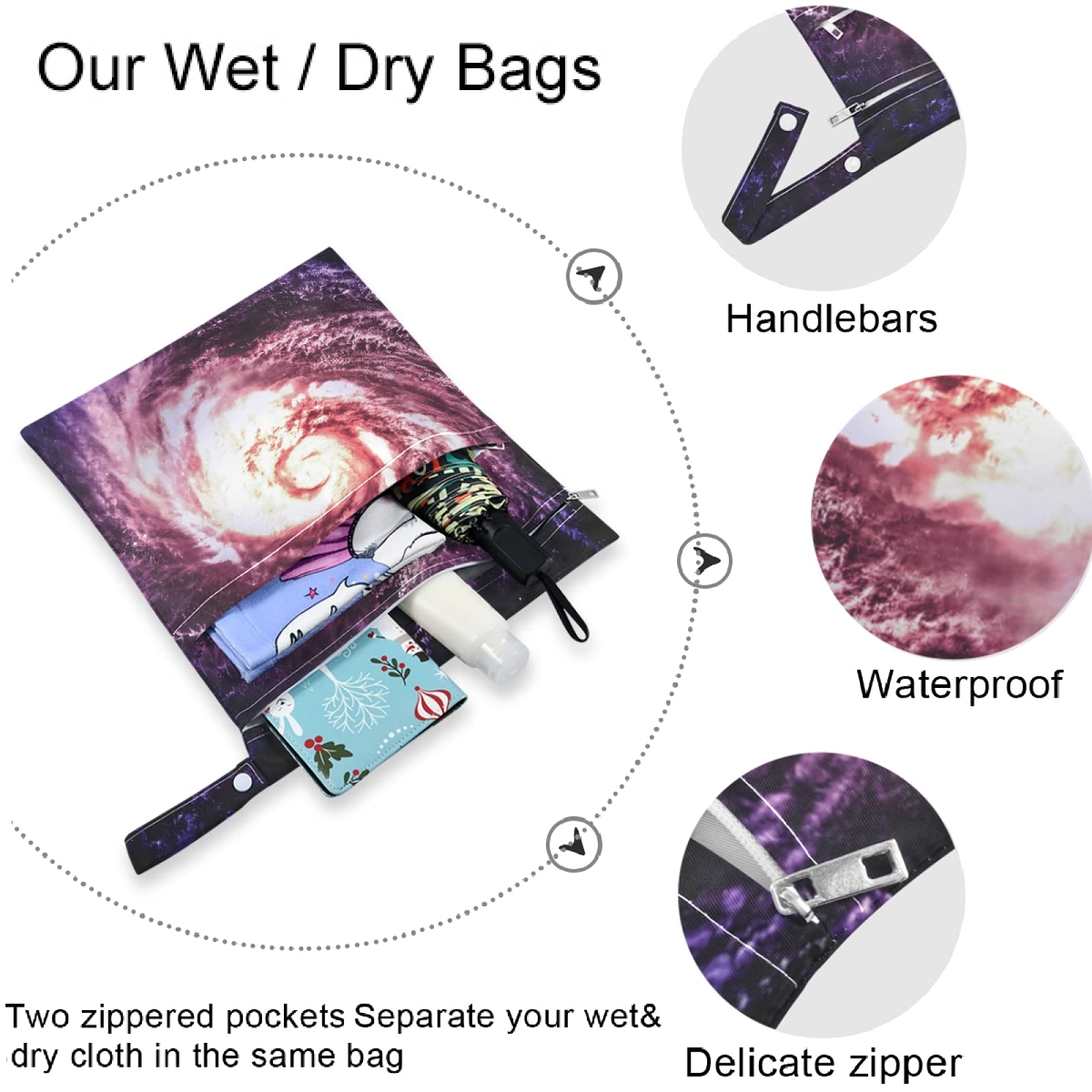 Visesunny 2-Pack Purple Spiral Galaxy Wet Bags - Waterproof Reusable Zippered Pouch for Diapers, Swimsuits & Gym Clothes - Perfect for Travel, Beach, Daycare & Stroller Organization