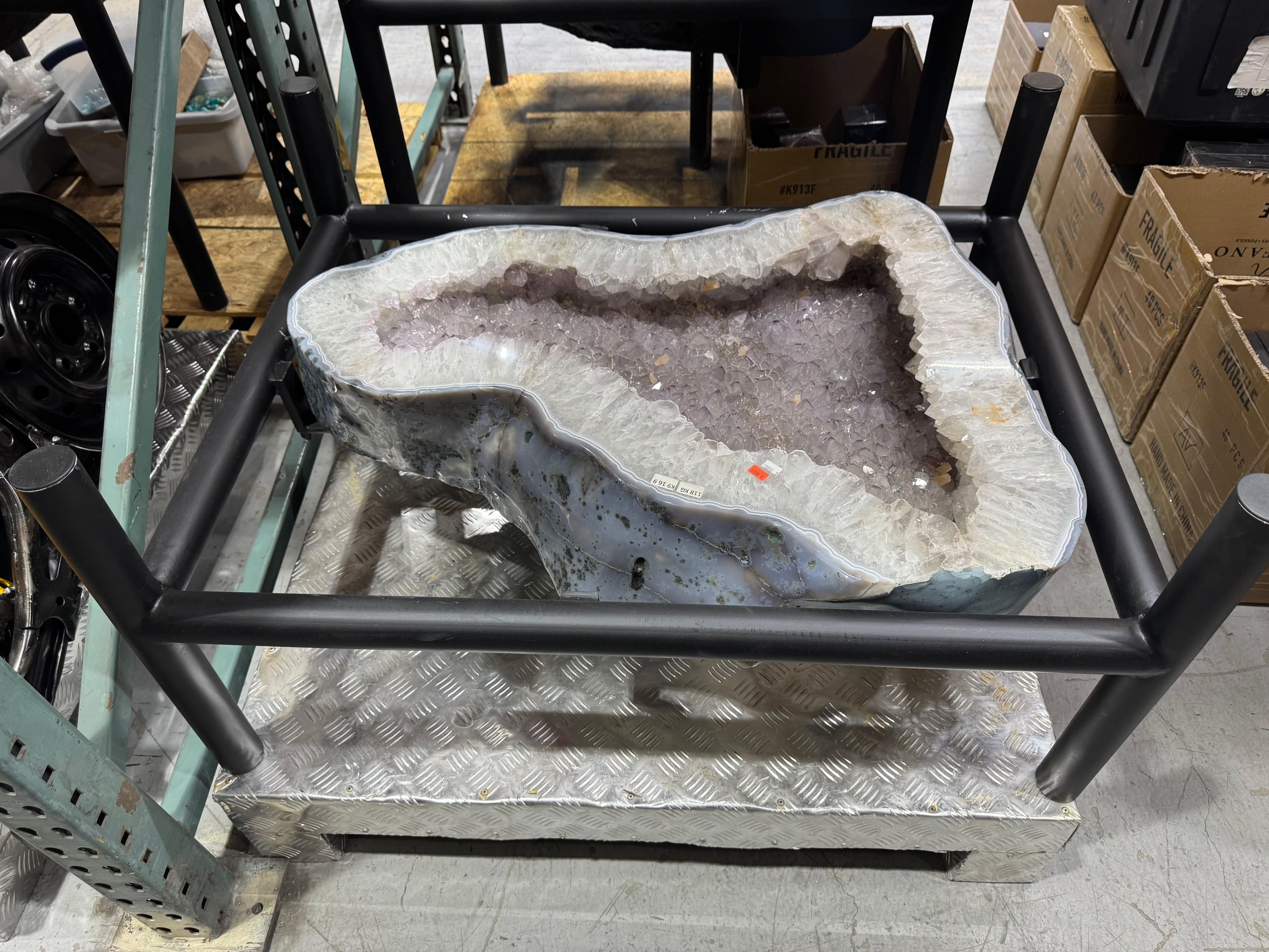 Natural Amethyst Geode Table from Brazil with Custom Wood Stand – 40 lbs Geode, 260 lbs Total – Perfect for Home Decor, Meditation & Healing Spaces