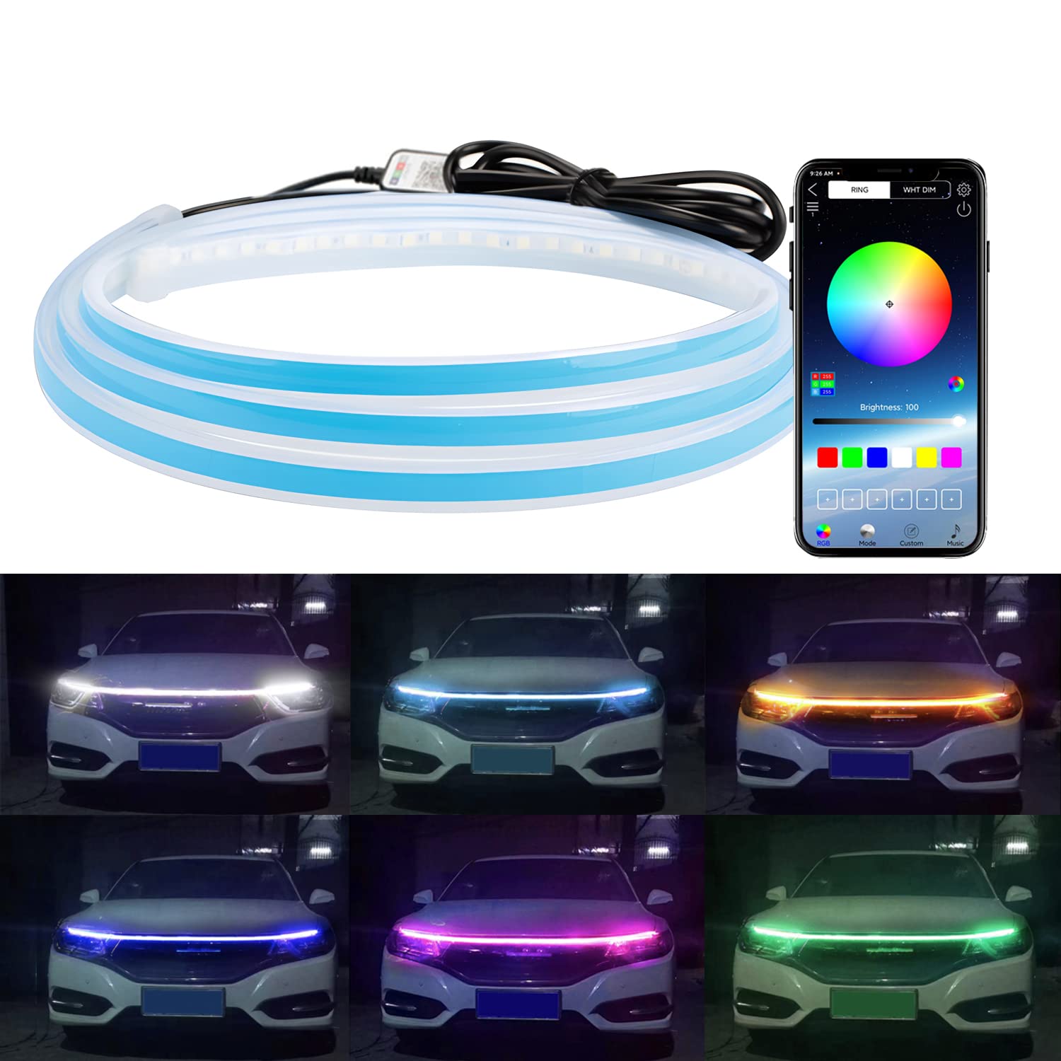 Chemini 60 Inch Car LED Hood Light Strip - APP Control, 16 Million Colors & 120 Dynamic Modes, DIY Flexible Waterproof Daytime Running Lights for Cars, SUVs, Trucks (1 Pack) - Perfect for Night Driving, Car Shows & Vehicle Customization