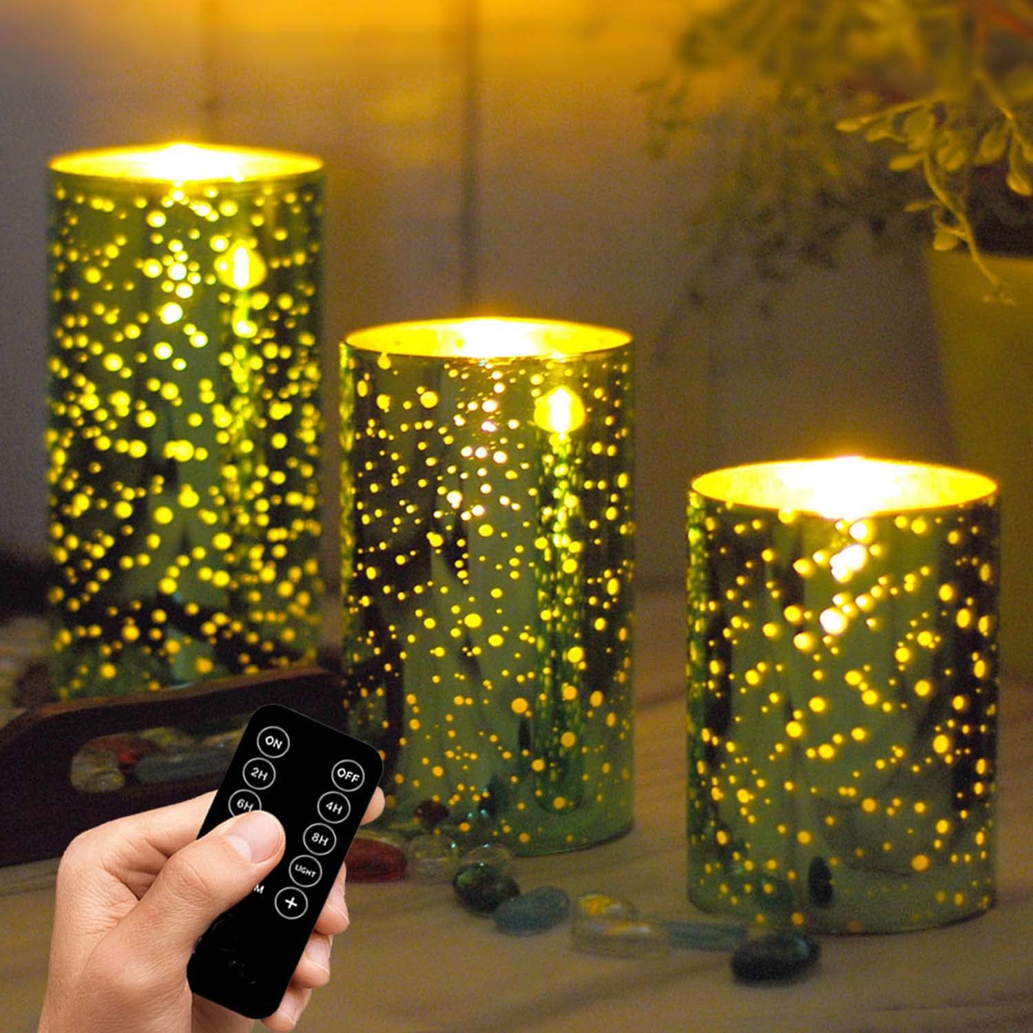 Green Glass Flameless LED Candles with Remote & Timer - Battery Operated Pillar Candles for Home Decor, Wedding, Party & Relaxation