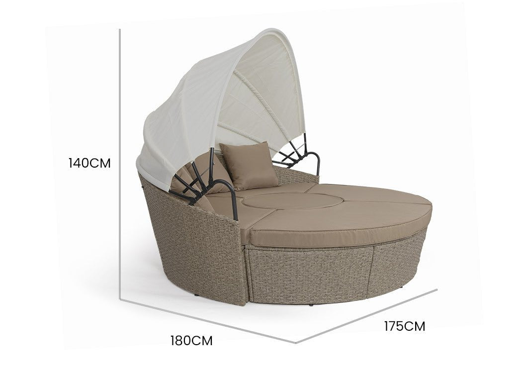 5-Piece Round Wicker Daybed Lounge Set with Canopy - Beige Outdoor Furniture for Patio, Garden, Poolside Relaxation & Boho Decor