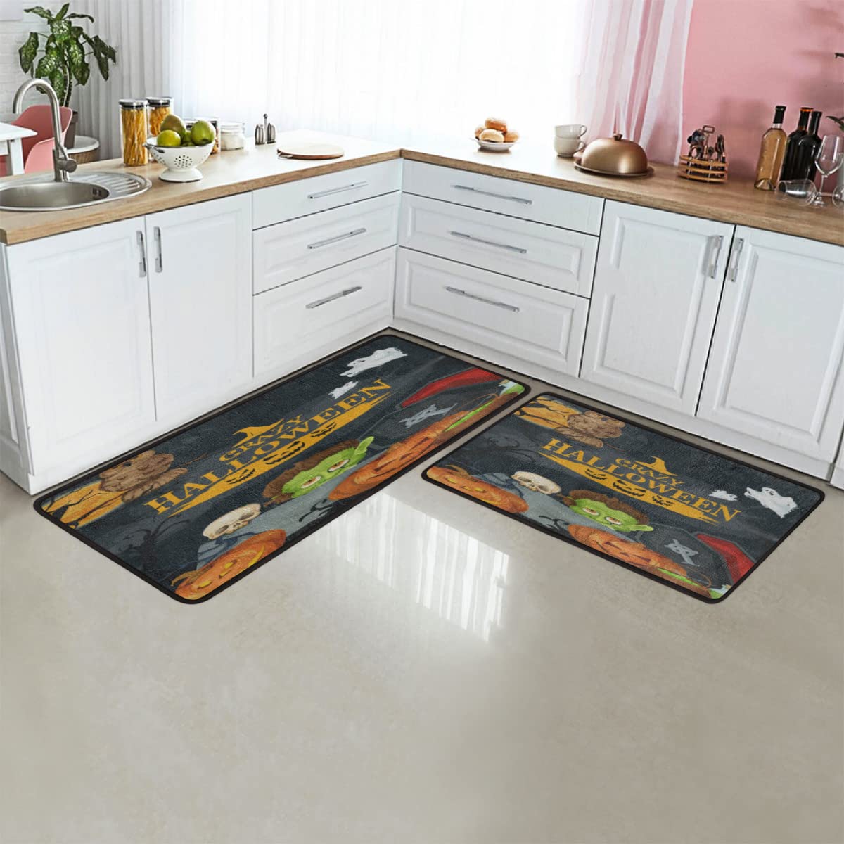 Non-Slip Washable Kitchen Rugs Set of 2 - Halloween Monsters Design Floor Mats for Kitchen, Bathroom, Living Room, Laundry, Bedroom & Entryway - Perfect for Home Decor, Safety & Comfort