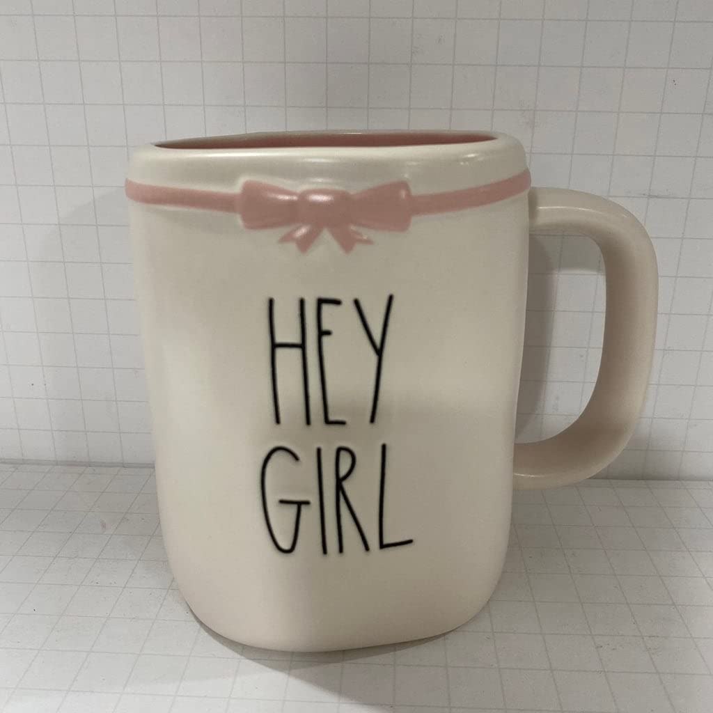 Rae Dunn HEY GIRL Ceramic Mug with Pink Interior and Bow - Perfect for Weddings, Bridal Showers & Coffee Lovers