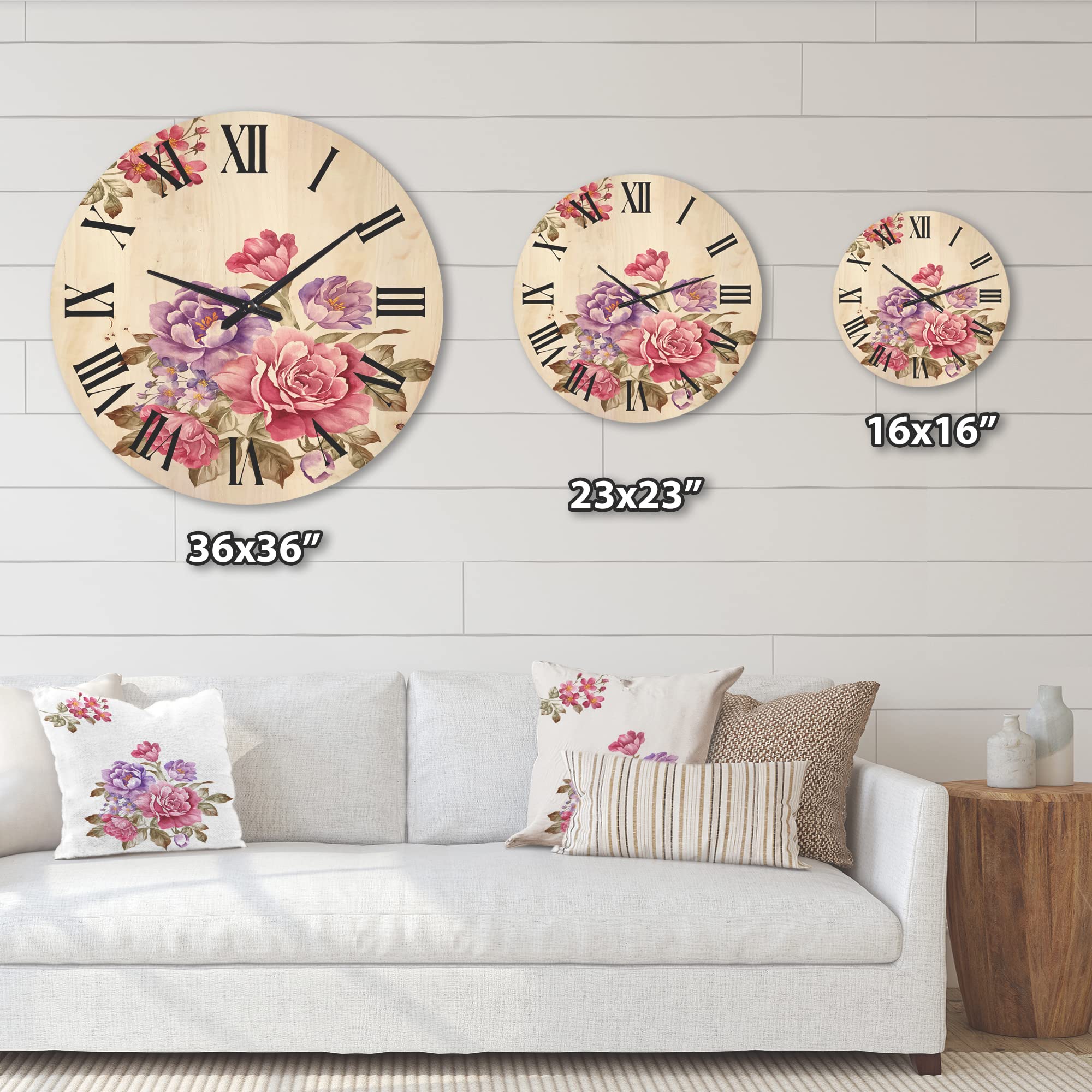 Farmhouse Wood Wall Clock - Large Decorative Floral & Botanical Wall Art with Purple and Pink Flowers - Oversized Rustic Wooden Clock for Living Room, Bedroom, Kitchen & Office Décor