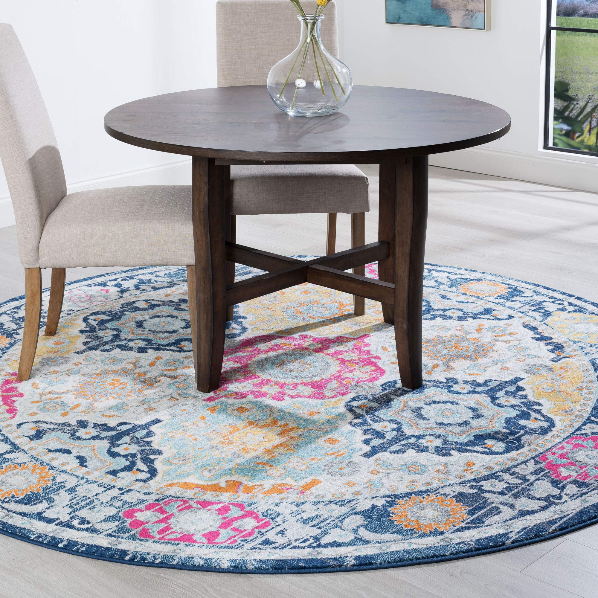 8ft Round Boho Area Rug - Hanna Navy Blue Handmade Rug for Living Room, Bedroom, Dining Room & Entryway - Soft Indoor Floor Carpet for Home Decor - Perfect for Bohemian Style Spaces & Cozy Family Gatherings