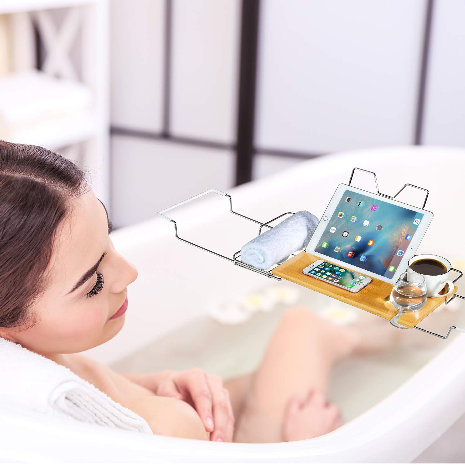 Stainless Steel & Bamboo Bathtub Caddy Tray - Luxury Bathtub Shelf for Books, Candles, Phone Holder | Spa Bath Accessories for Relaxing Bath Time