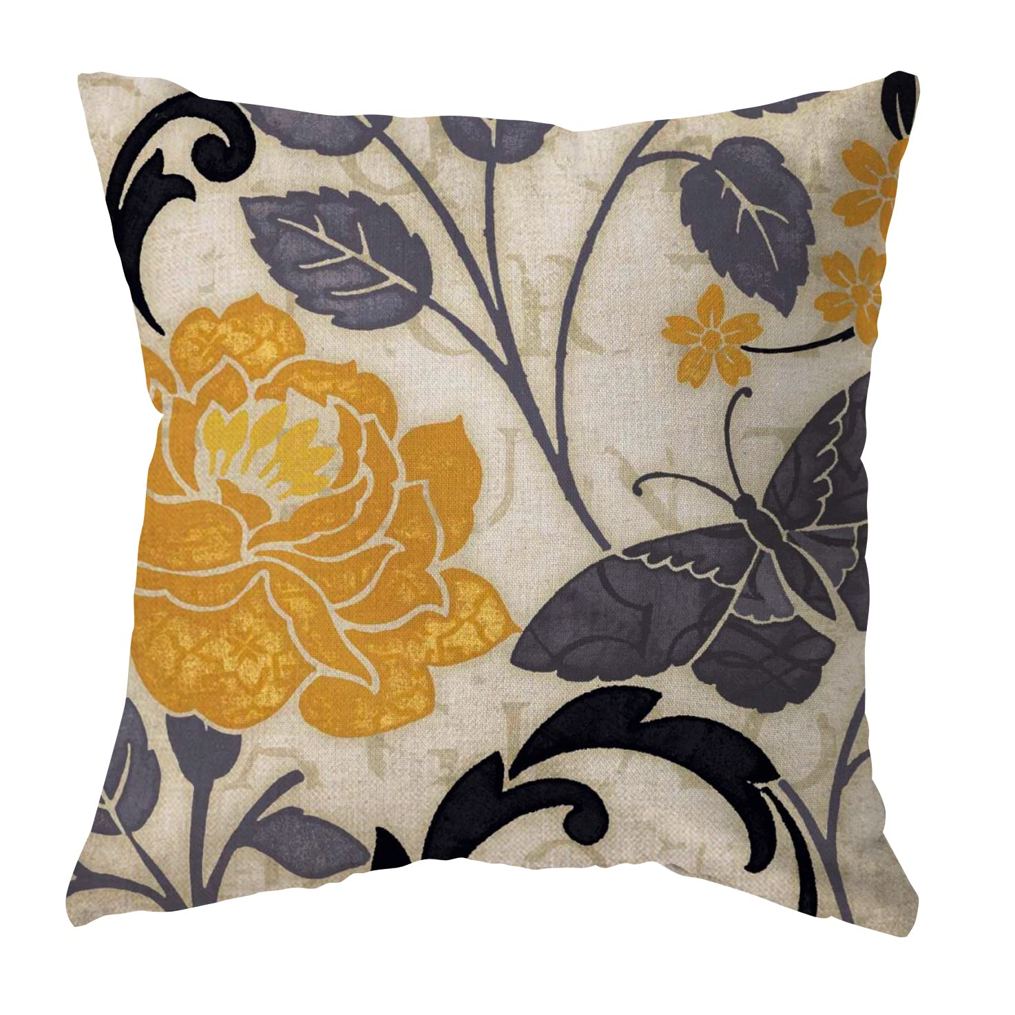 Set of 4 Blue Yellow Grey Floral Throw Pillow Covers 18x18 Inch - Farmhouse Style Cotton Linen Cushion Cases for Sofa, Living Room, Bedroom Decor - Perfect for Home, Gift & Indoor Farmhouse Decor