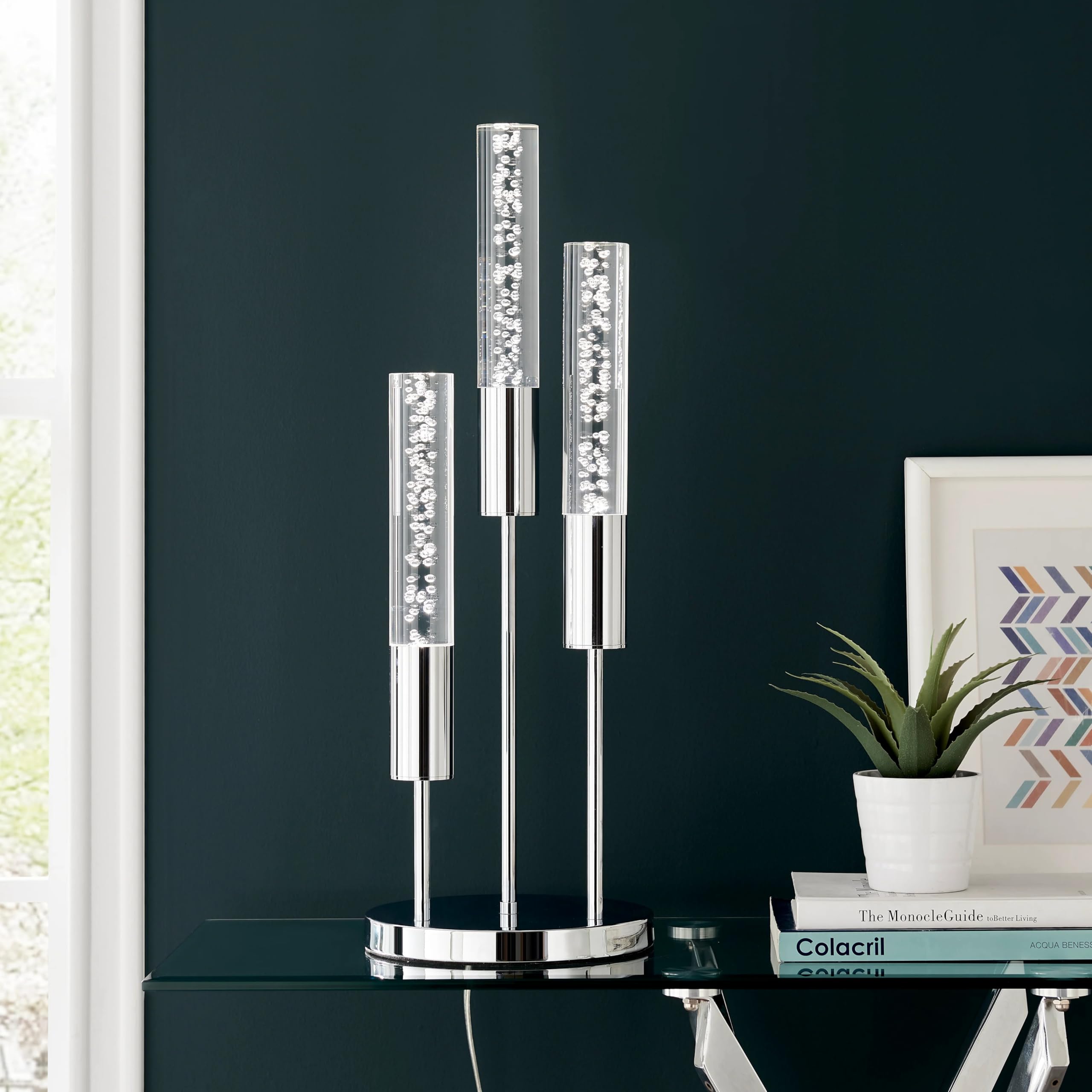 Finesse Decor Modern Crystal Metal Acrylic Cylinder Table Lamp - Chrome Finish Dimmable Touch Control for Bedroom, Living Room, Office - Elegant Lighting for Home Decor & Interior Design