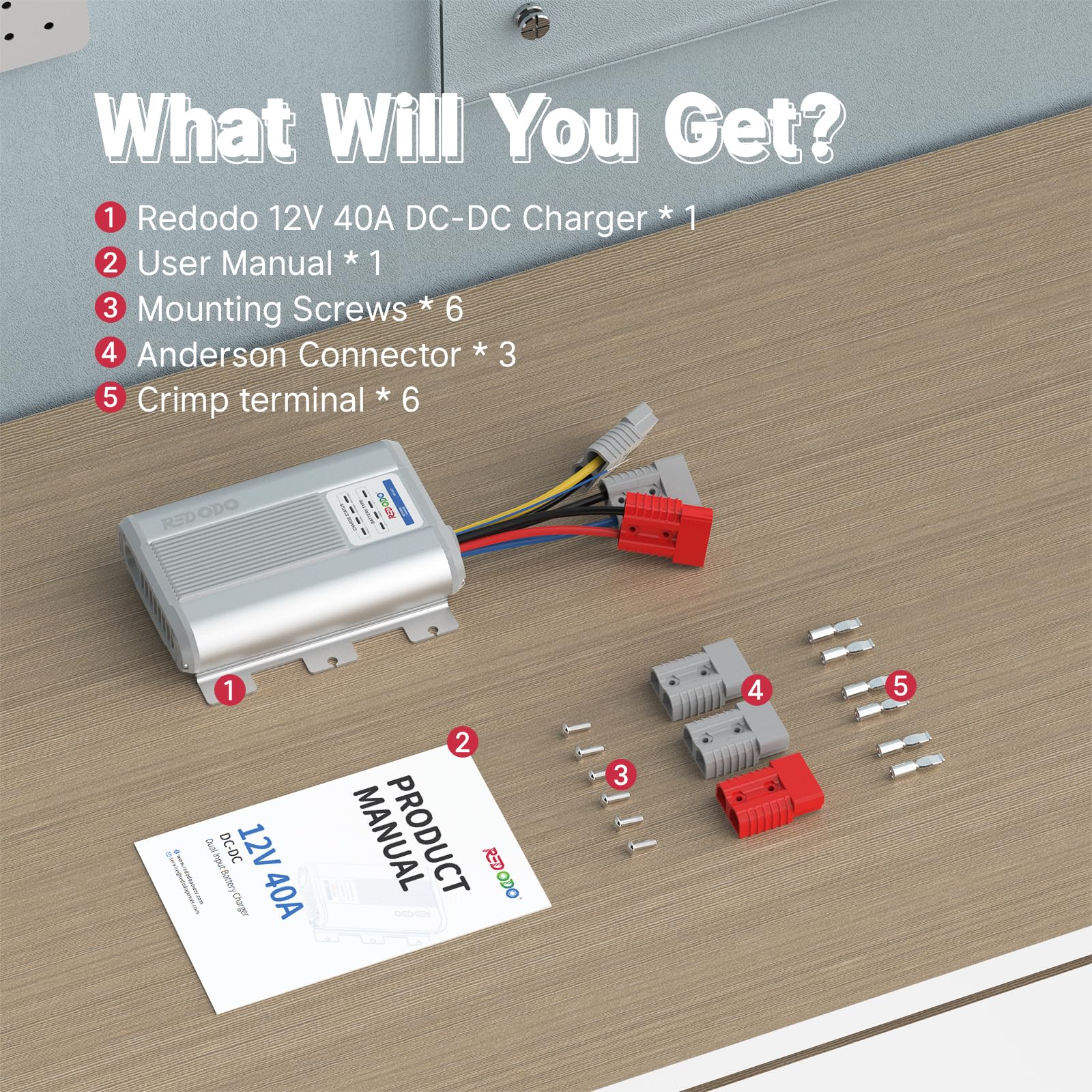 Redodo 12V 40A DC to DC Battery Charger with MPPT - On-Board Charger for AGM, Gel, SLA & Lithium Batteries - Dual Input Charger with LED Indicators & Anderson Connector - Perfect for RV, Camper, Van, Vehicle & Marine Applications - Charge Batteries While Driving or Boating