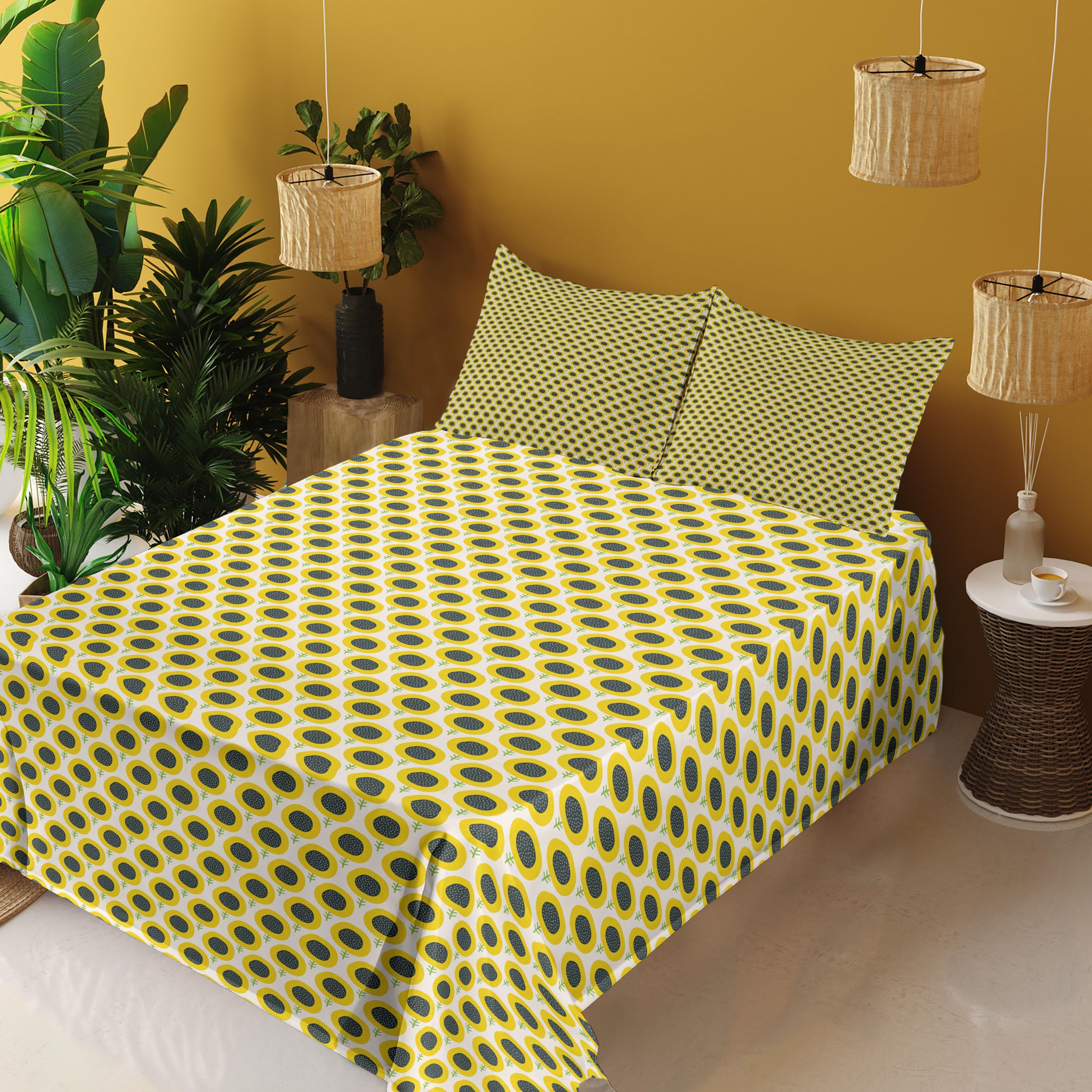 Ambesonne Floral Sheet Set 4-Piece King Size - Doodle Sunflowers Harvest Design, Dark Teal Green & Yellow - Fitted & Flat Sheets with Pillowcases - Perfect for Playroom, Gardening Theme Bedroom or Boho Chic Decor