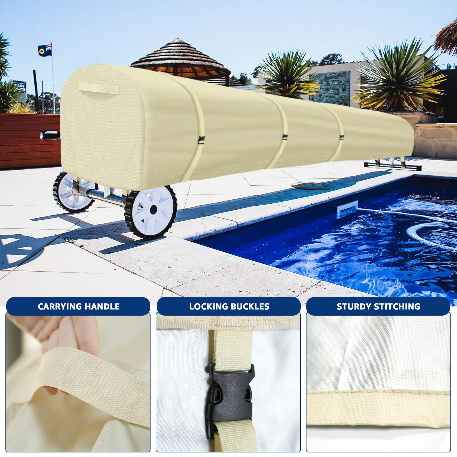 16Ft Heavy Duty Solar Pool Cover Reel - UV Resistant, Waterproof Blanket Roller for Inground Swimming Pools | Durable Beige Design | Perfect for Easy Pool Cover Storage & Protection