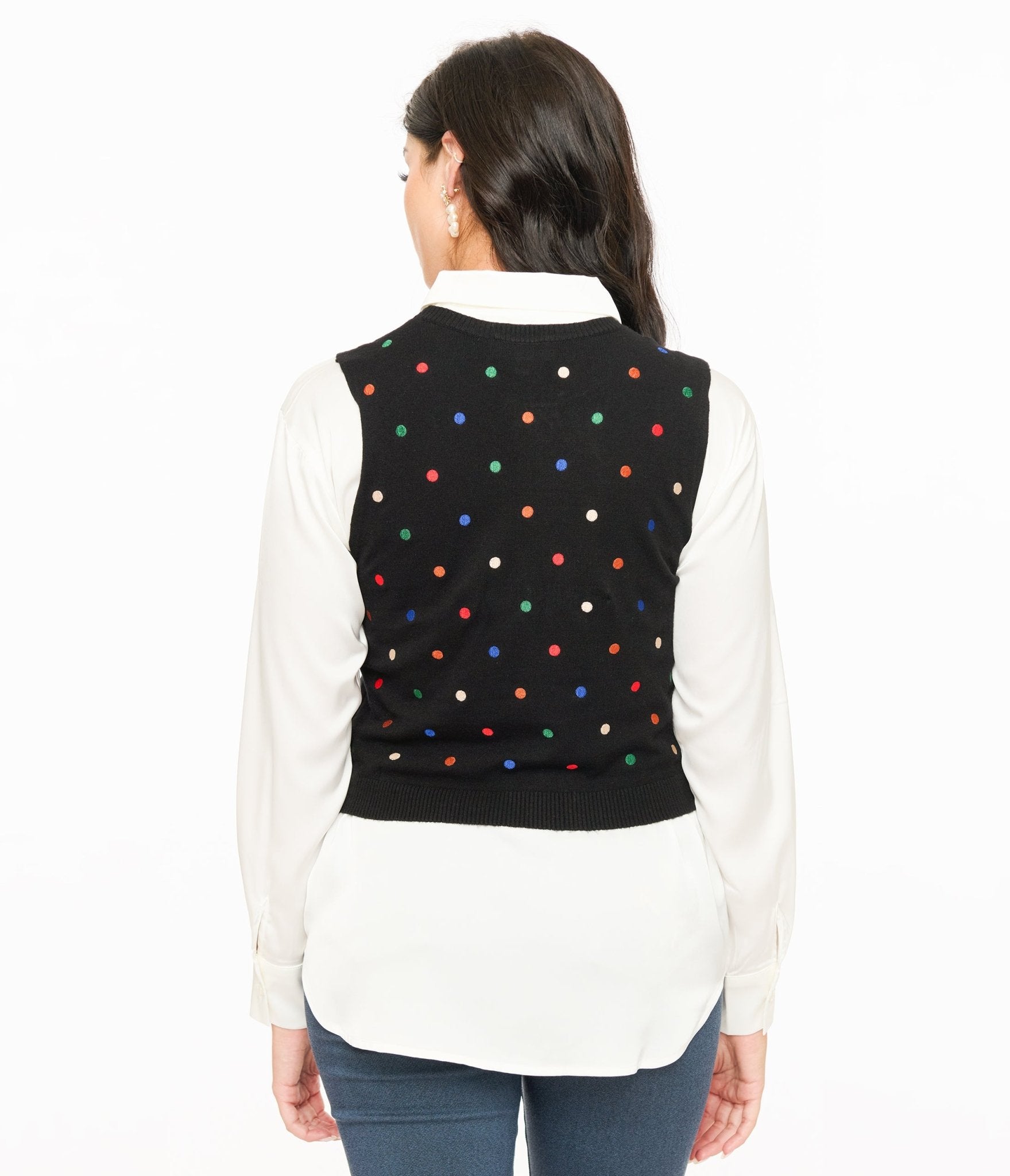 Stylish Black & Multicolor Polka Dot Sweater Vest for Women | Trendy Knit Sleeveless Pullover | Perfect for Fall Layering, Office Wear & Casual Outfits