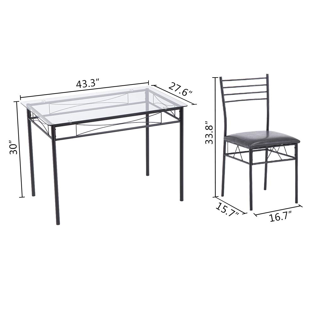 Modern Black Wrought Iron Dining Table Set with Glass Top & 4 PU Cushioned Chairs - 43.31