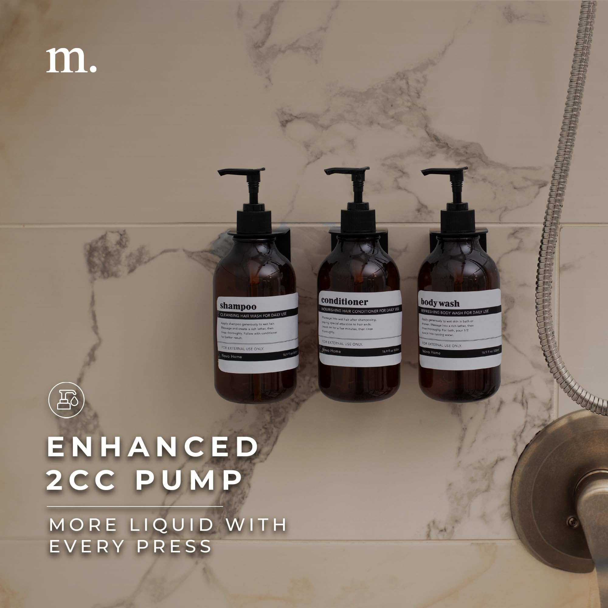 MaisoNovo 16.9 fl oz Shampoo & Conditioner Dispenser Set of 3 - Wall Mounted No Drill 3-Chamber Shower Soap Dispenser with Black Pump - Amber Plastic Bottles for Bathroom Organization & Spa-Like Experience