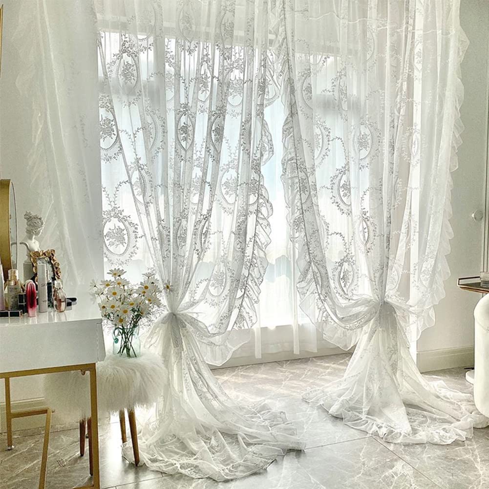 French Romance Lace Curtains with Ruffles - Modern Rococo Floral Pattern Mesh Tulle Drapery Panel with Rod Pocket - White Window Treatment (118x102 inches) - Perfect for Living Room, Bedroom & Wedding Decor