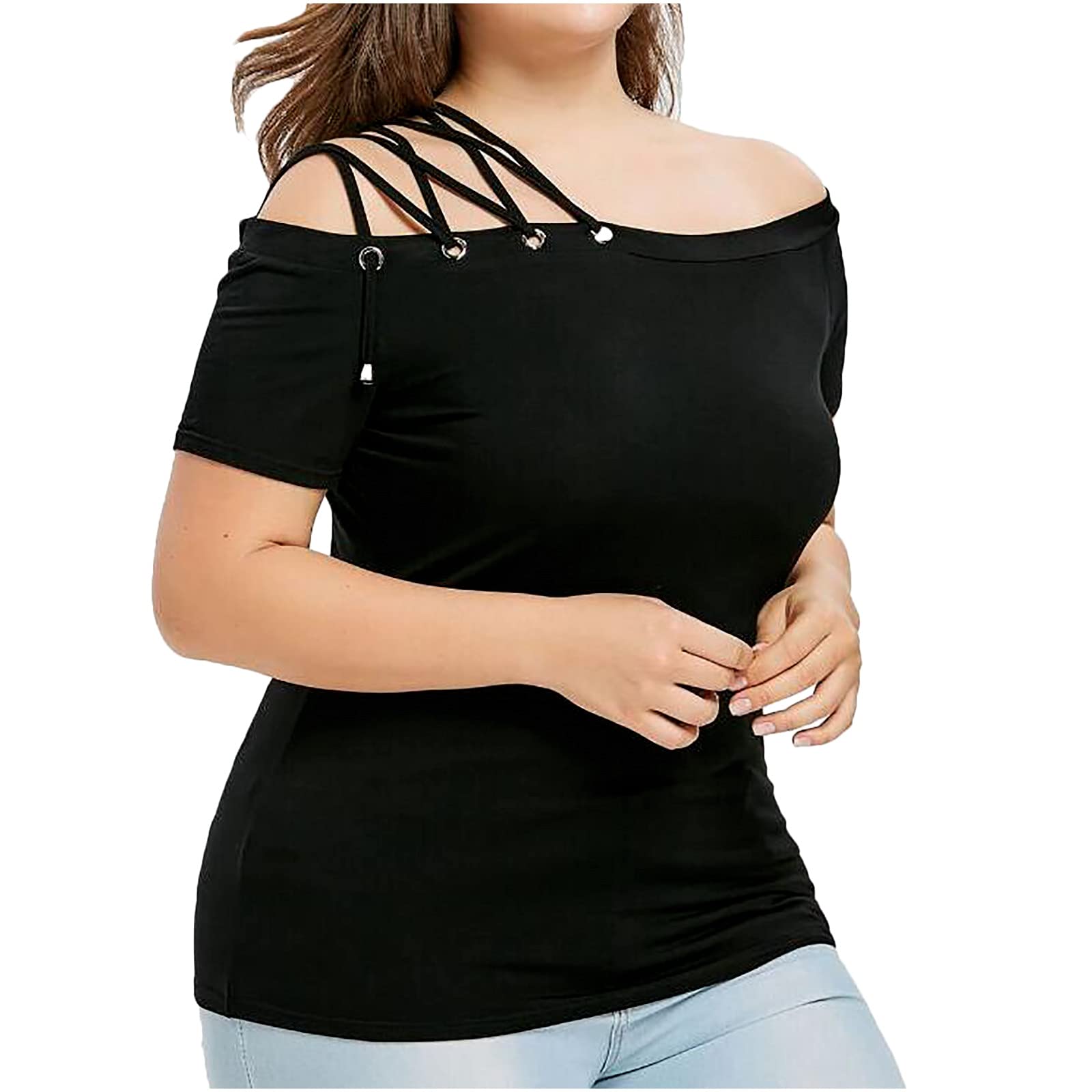 Plus Size Women's One Shoulder Solid Bandage Short Sleeve T-Shirt Blouse - Comfortable Stretchy Fit for Curvy Women - Perfect for Casual Outings, Date Nights & Summer Parties