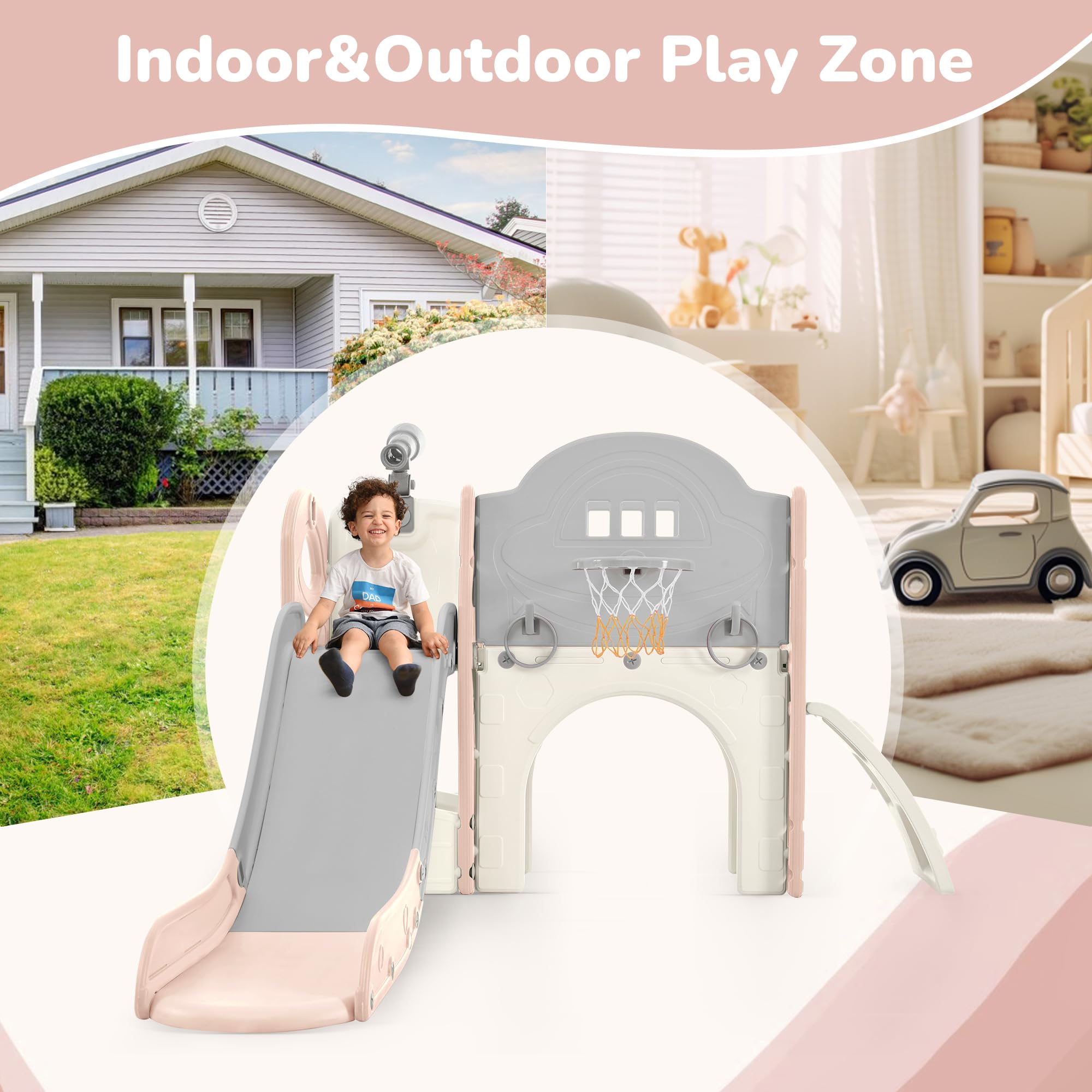 7 in 1 Toddler Slide Playset - Indoor/Outdoor Climbing Toys for Kids Ages 1-3 with Ring Toss, Basketball Hoop & Telescope - Pink Playground Equipment for Backyard, Nursery & Daycare Fun