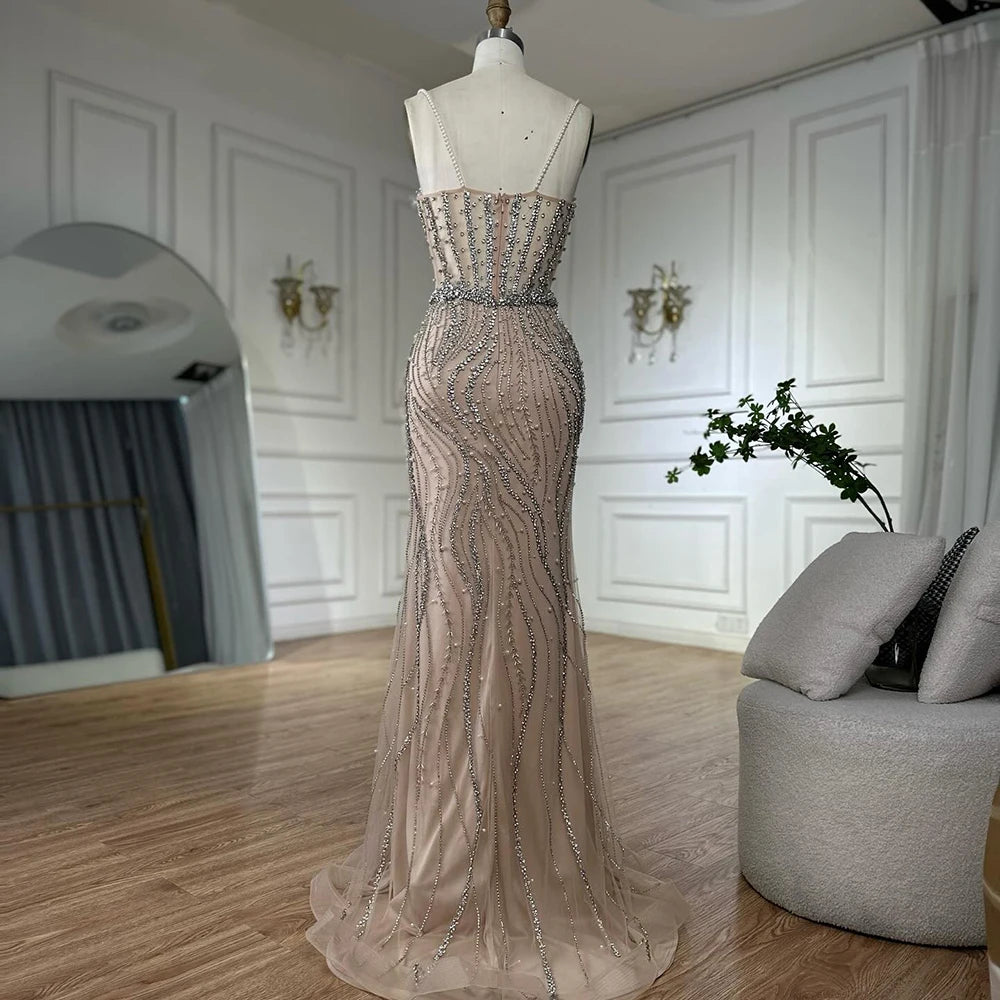 Elegant Spaghetti Strap Pearl Beaded Mermaid Evening Gown for Women - Luxury Dubai Style Formal Dress LA72865 | Perfect for Prom, Wedding, Gala & Special Occasions