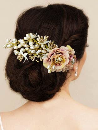Artificial Peony Flower Hair Clip with Pearl Comb - Elegant Side Bun Hair Accessories for Women & Girls (Peach) - Perfect for Weddings, Parties & Everyday Style
