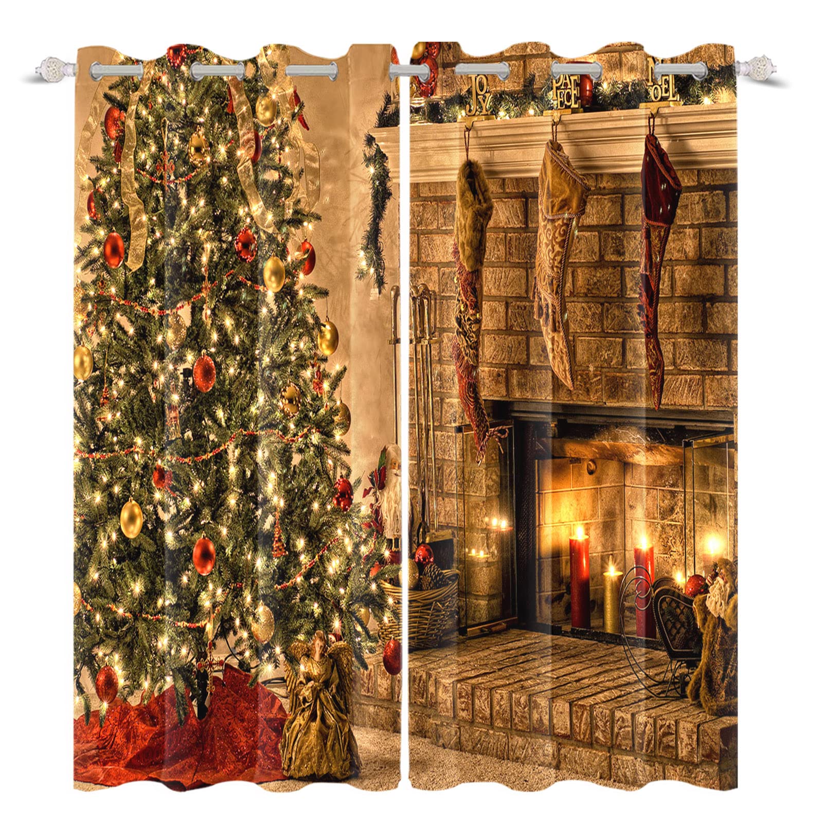 Renaiss Christmas Curtains 26x63 Inch - Set of 2 Blackout Panels with Fireplace, Tree & Stocking Design for Bedroom, Living Room, Kitchen - Holiday Home Decor & Window Treatment for Winter Season