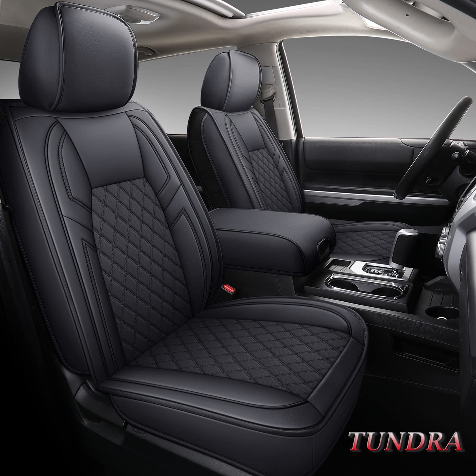 Premium Leather Car Seat Covers for 2007-2021 Toyota Tundra - Custom Fit Front Seat Protectors (2PCS, Black) | Crewmax, Crew, Extended & Double Cab | Durable Protection for Trucks & Pickups | Perfect for Daily Commute, Road Trips & Work Vehicles
