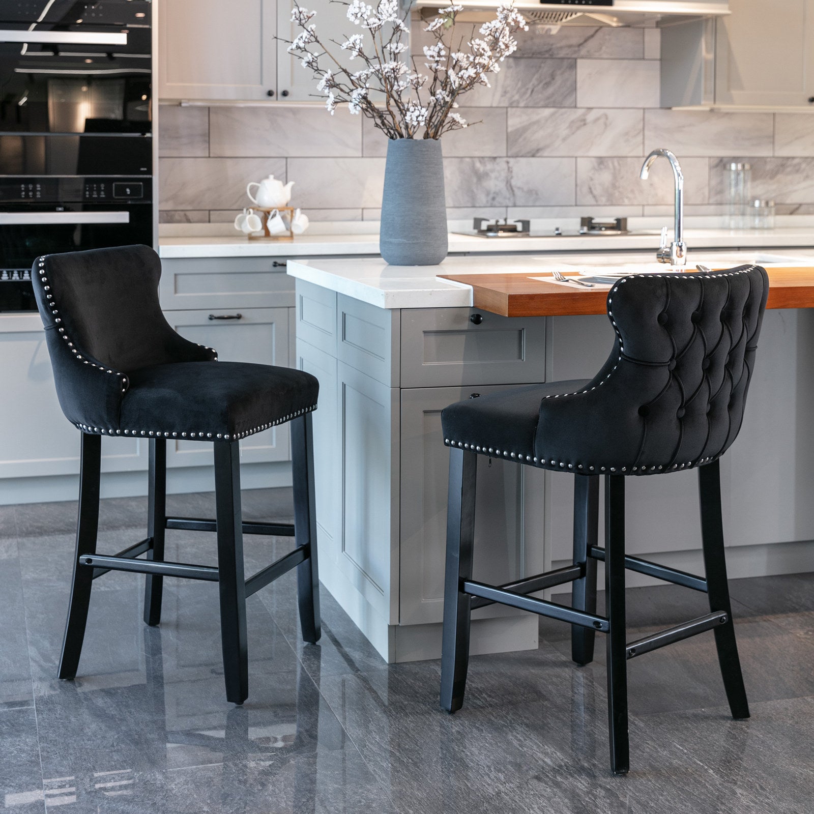 Modern Velvet Upholstered Wingback Bar Stools with Button Tufting & Wooden Legs - Set of 4 Black Bar Chairs with Chrome Nailhead Trim for Kitchen Island, Home Bar & Dining Room Decor - SW1824BK