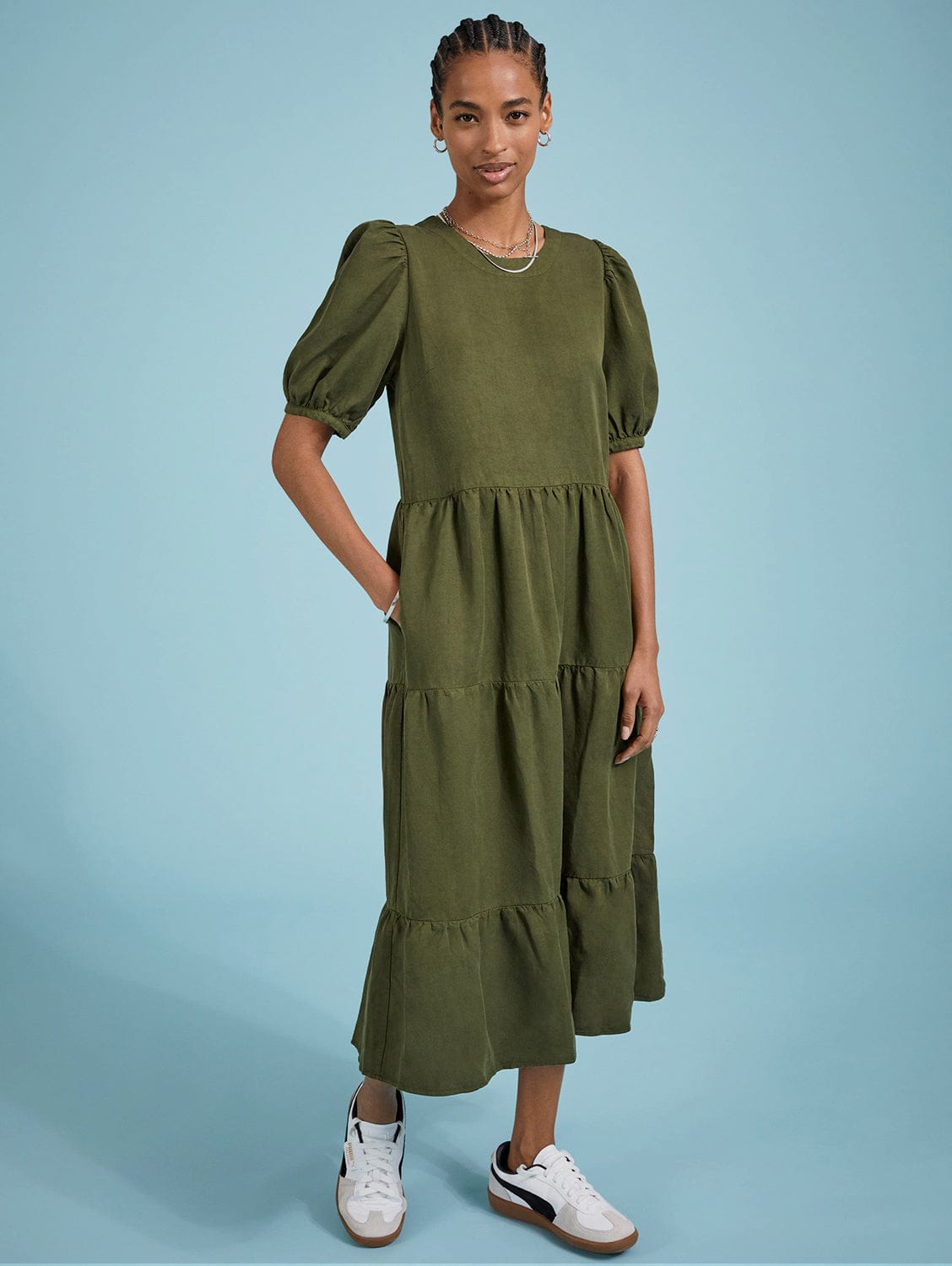 Georgiana TENCEL™ Tiered Midi Dress for Women | Dark Olive Green | Flowy Boho Summer Dress for Beach, Vacation & Casual Outings