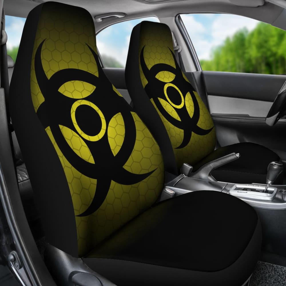Black Biohazard Warning Car Seat Covers with Yellow Background - Waterproof & Durable Protection for Vehicles, Trucks, SUVs - Perfect for Halloween, Cosplay, and Themed Parties