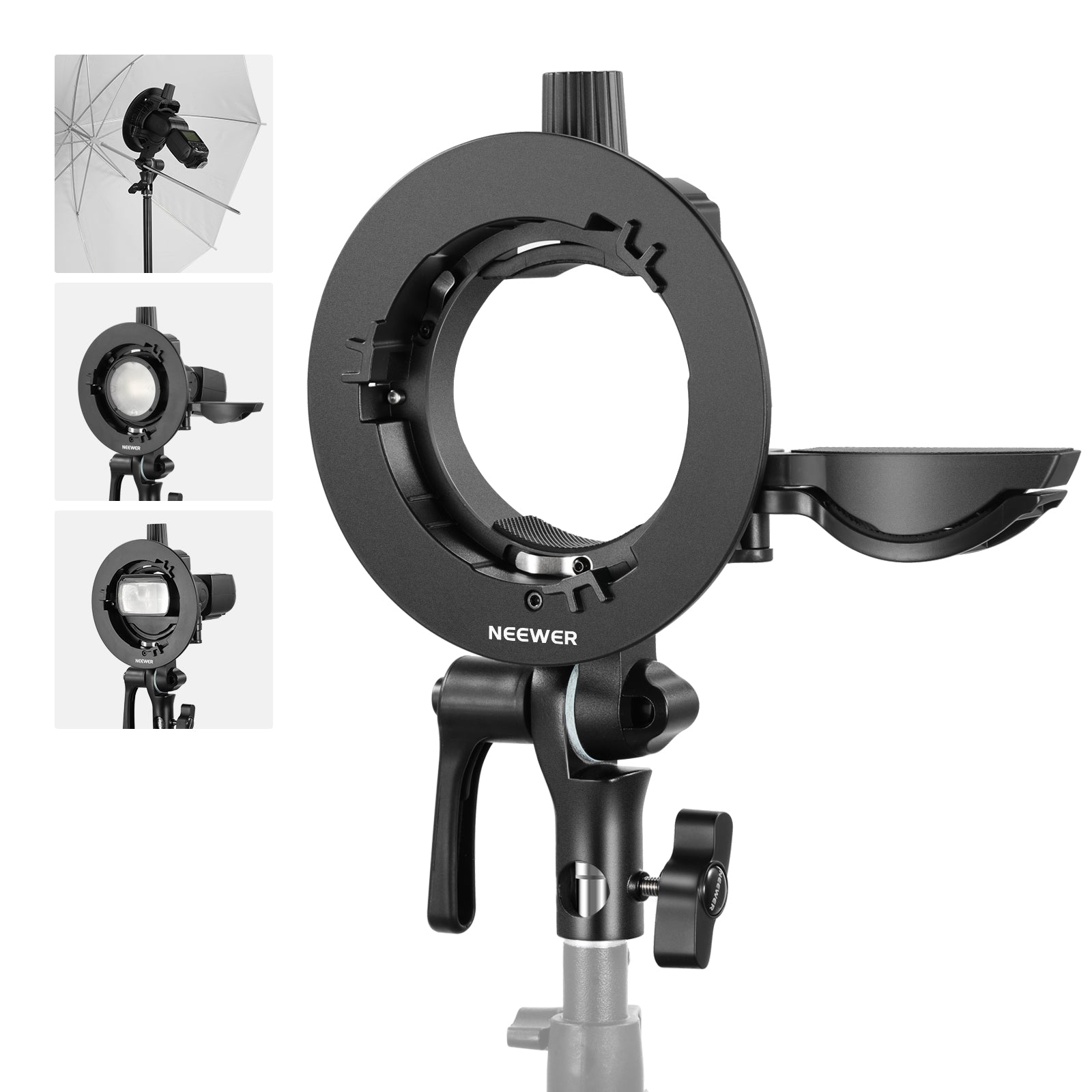 NEEWER CRB1 S-Type Bowens Mount Bracket Holder for Round & Square Flash Heads - Perfect for Studio Photography & On-Location Lighting Setups