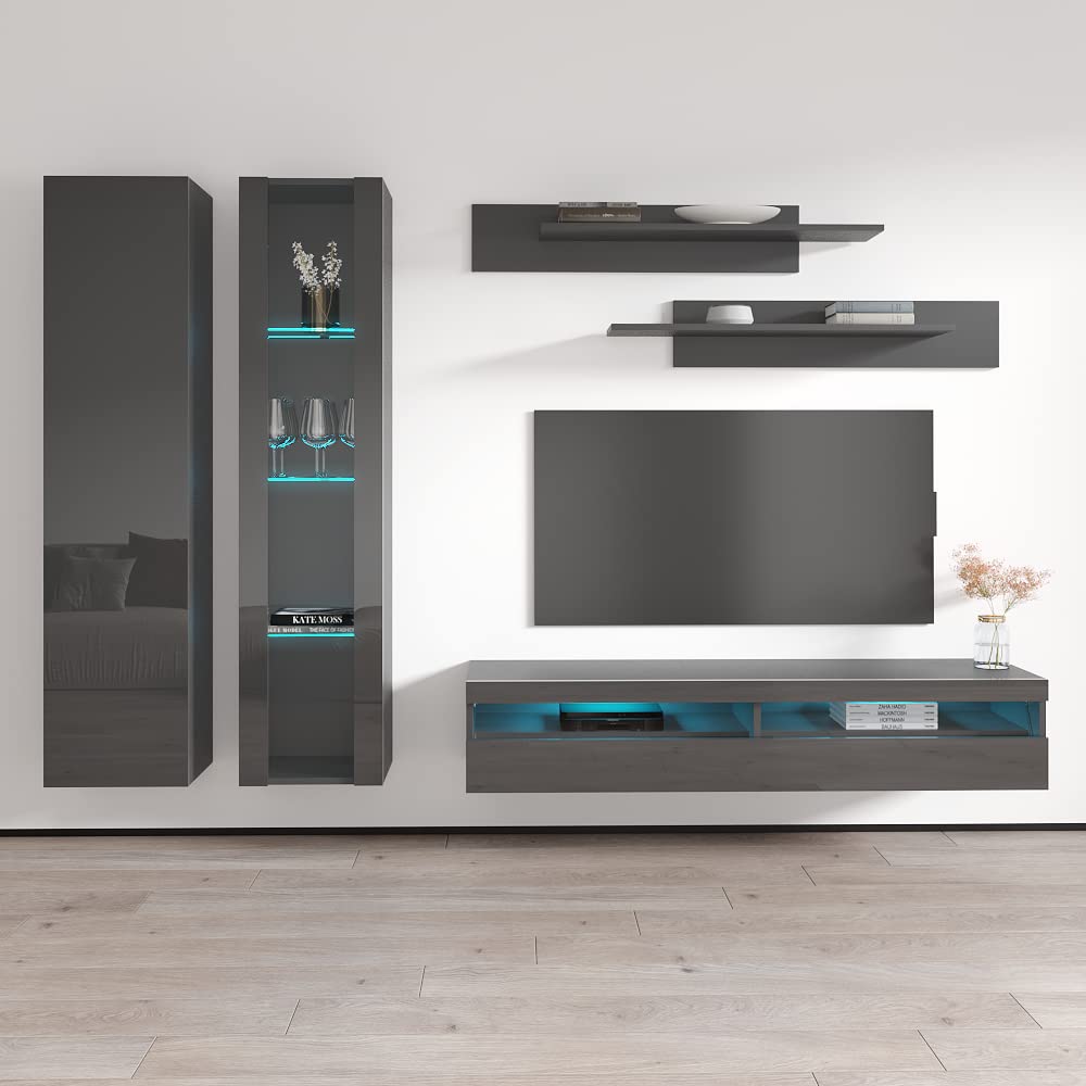 Modern Floating TV Stand with Storage & LED Lights - Wall-Mounted Entertainment Center for Bedroom & Living Room - A4 35TV Console with Shelves - Black - Perfect for Small Spaces & Home Theater Setup