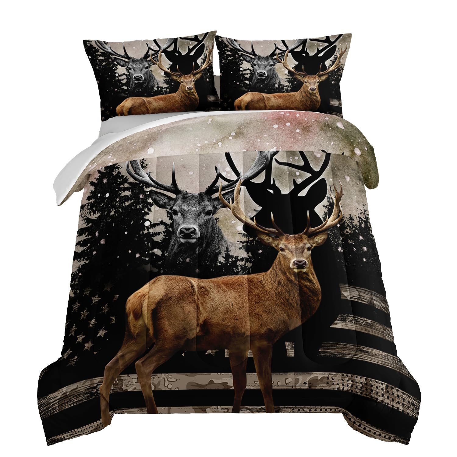 HOSIMA Full Size Camo American Flag Hunting Comforter Set with 2 Pillowcases - Snowy Forest Deer & Wildlife Elk Design for Teen Boys & Men's Bedroom Decor | Perfect for Hunting Lodge, Cabin, or Outdoor-Themed Bedroom