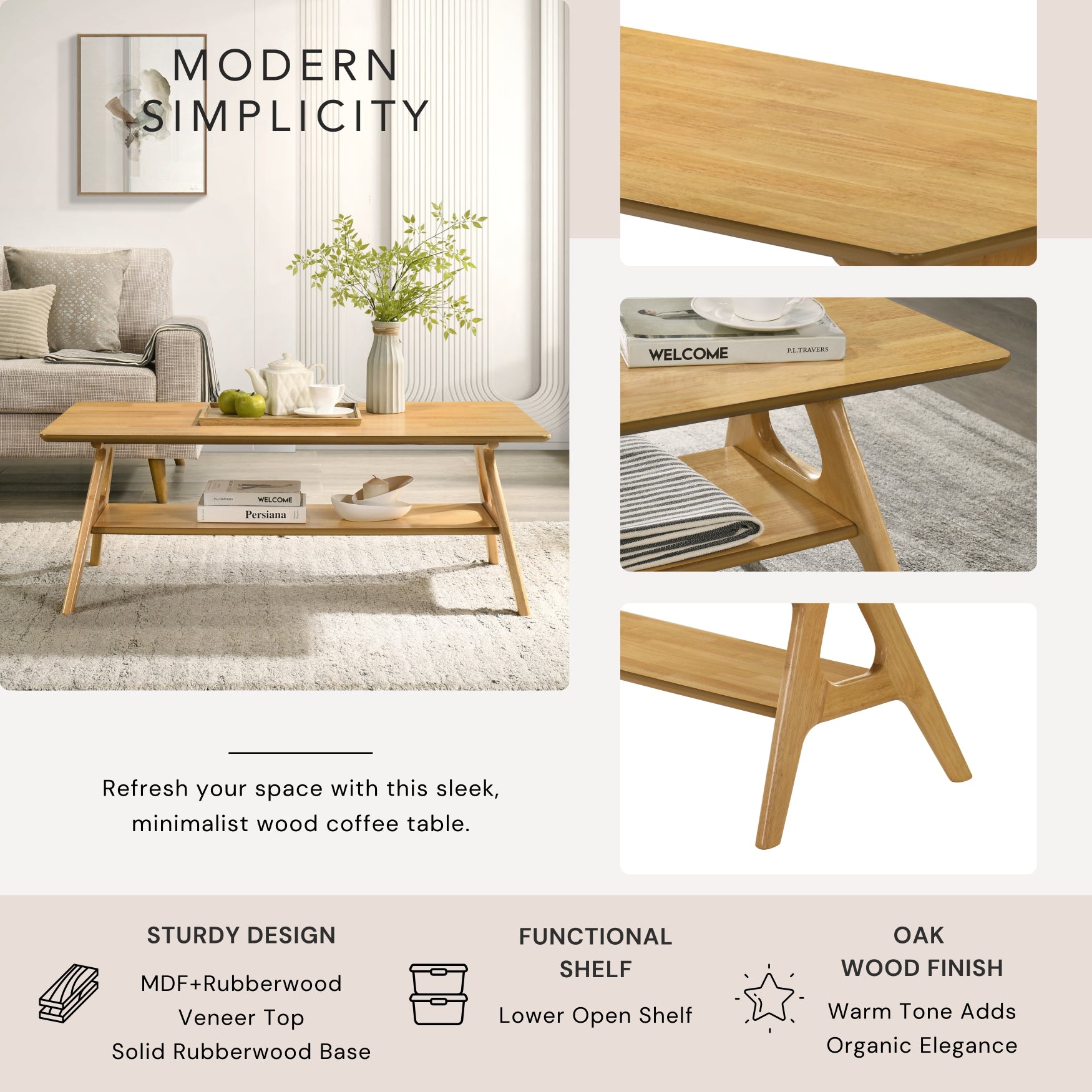 Roundhill Furniture Arona Mid Century Modern Wood Shelf Coffee Table - Stylish Living Room Accent Table for Books & Decor