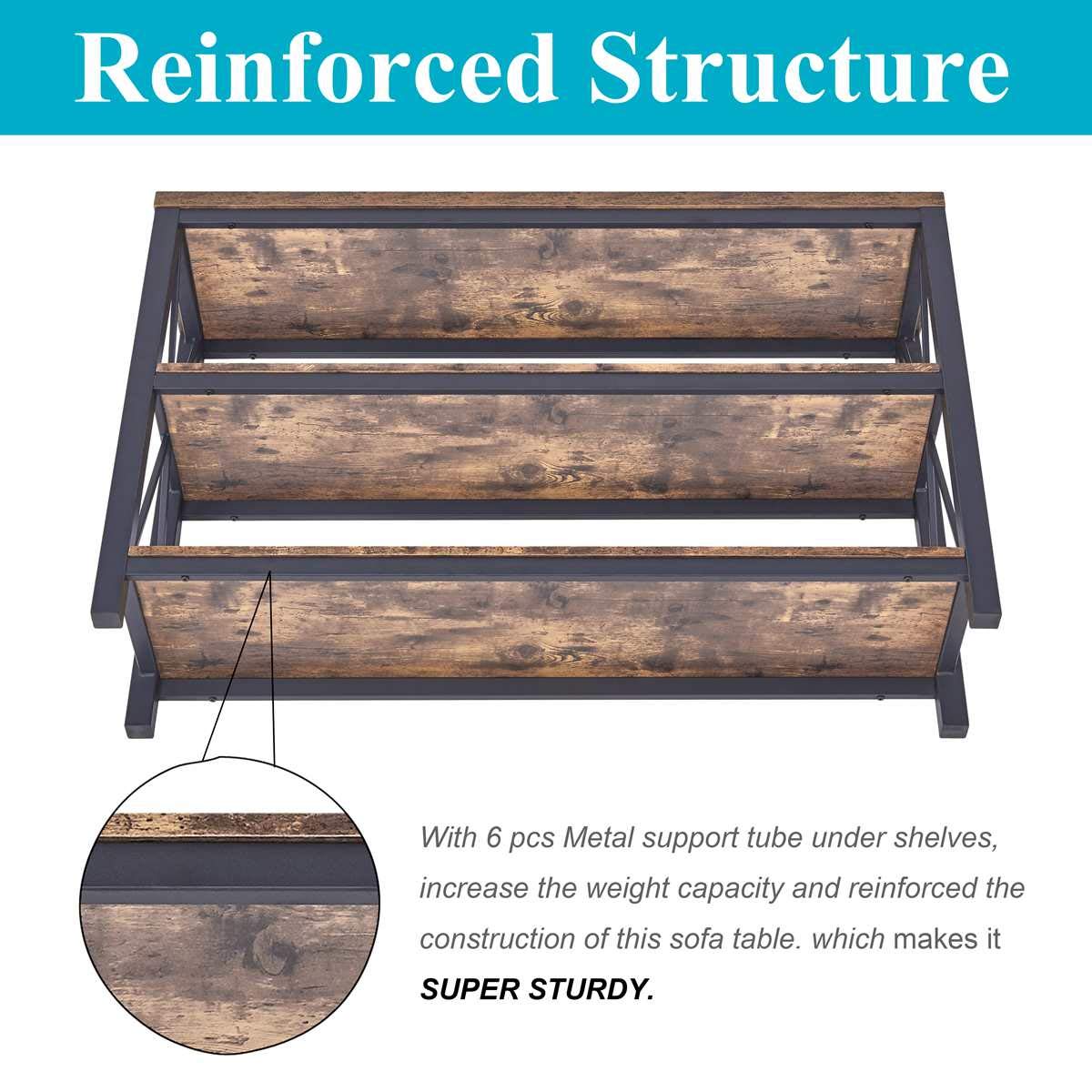 BON AUGURE 47 Inch Rustic Brown Industrial Sofa Console Table - 3 Tier Entryway Hallway Table, Rustic Hall Table Behind Couch - Perfect for Living Room, Foyer, and Home Decor