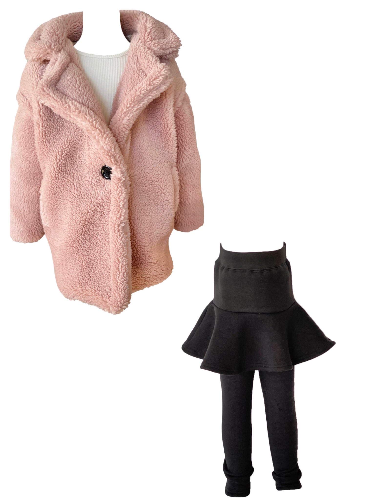 JSKY Toddler Winter Outfit Set - Pink Teddy Bear Faux Shearling Coat with Fleece Lined Tutu Skirt & Leggings for Girls 3T-4T | Warm Cozy Winter Clothes for Playdates, Holiday Photos & Outdoor Activities