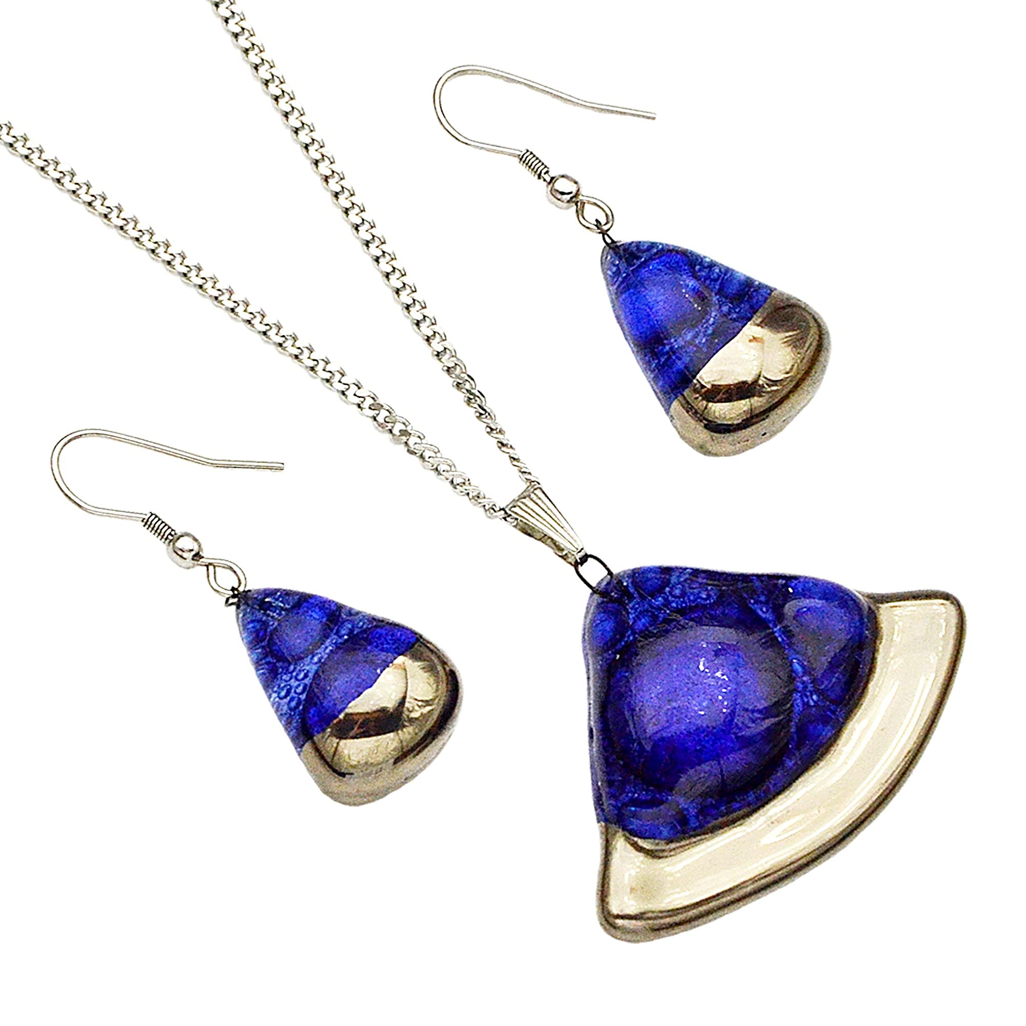 Blue Necklace & Earrings Set - Handmade Czech Glass Jewelry with Decorative Bubbles & Platinum Plated Rim - Perfect for Weddings, Parties & Special Occasions