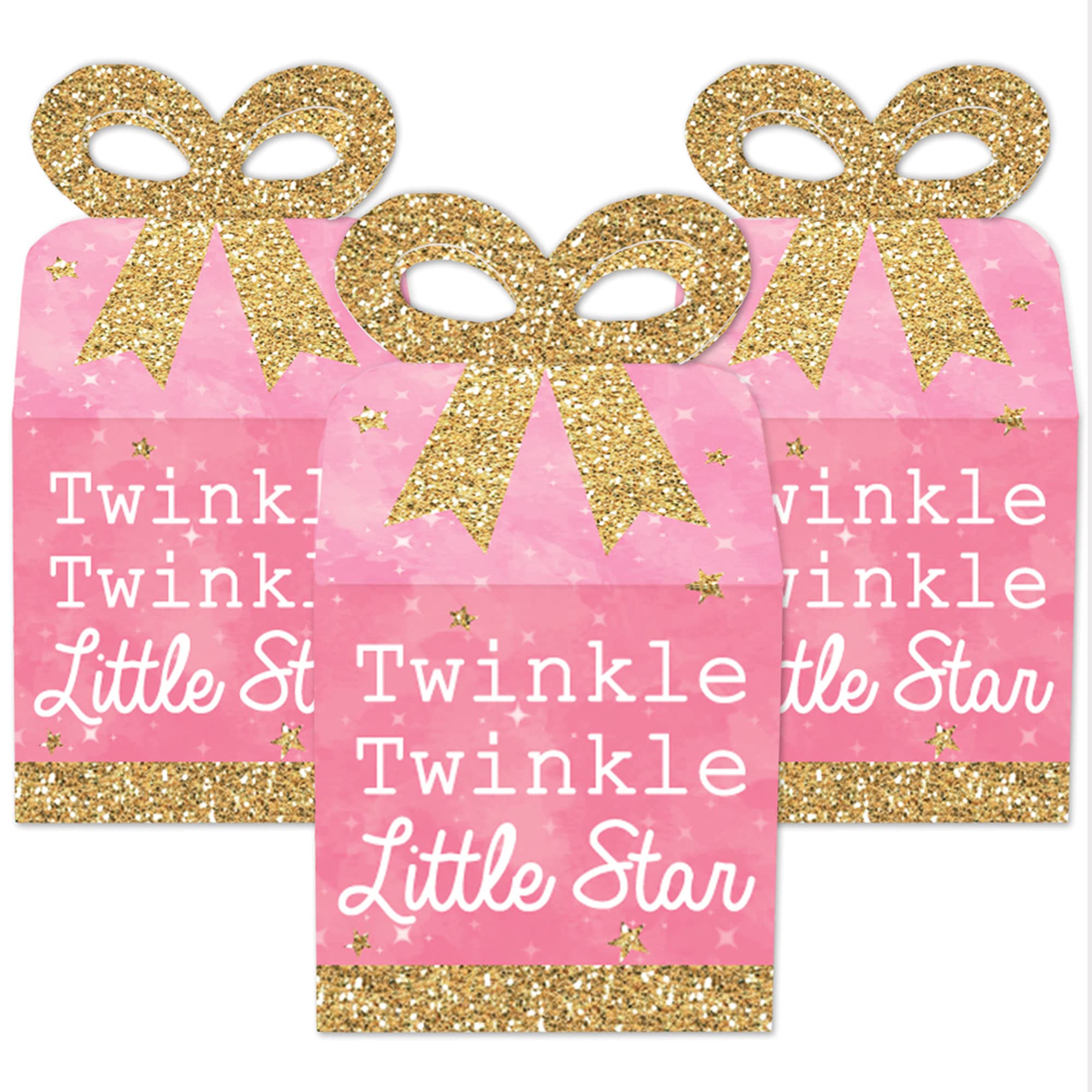 Big Dot of Happiness Pink Twinkle Twinkle Little Star Favor Gift Boxes - Set of 12 Square Baby Shower & Birthday Party Bow Boxes - Perfect for Newborn Celebrations, 1st Birthday Decorations & Special Event Favors