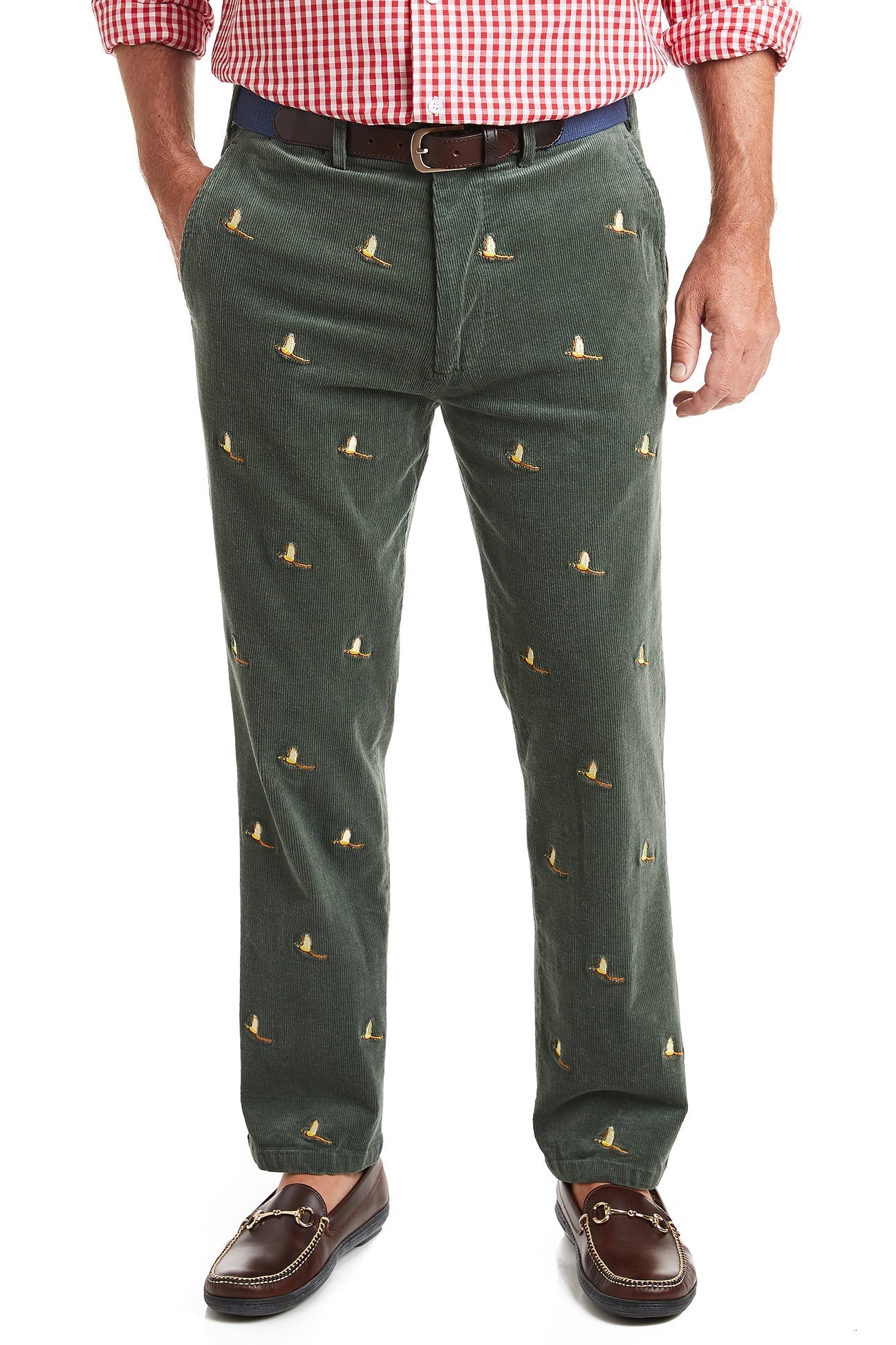 Beachcomber Corduroy Pants for Men - Olive Green with Pheasant Print | Comfortable & Stylish Casual Wear for Outdoor Adventures & Daily Use