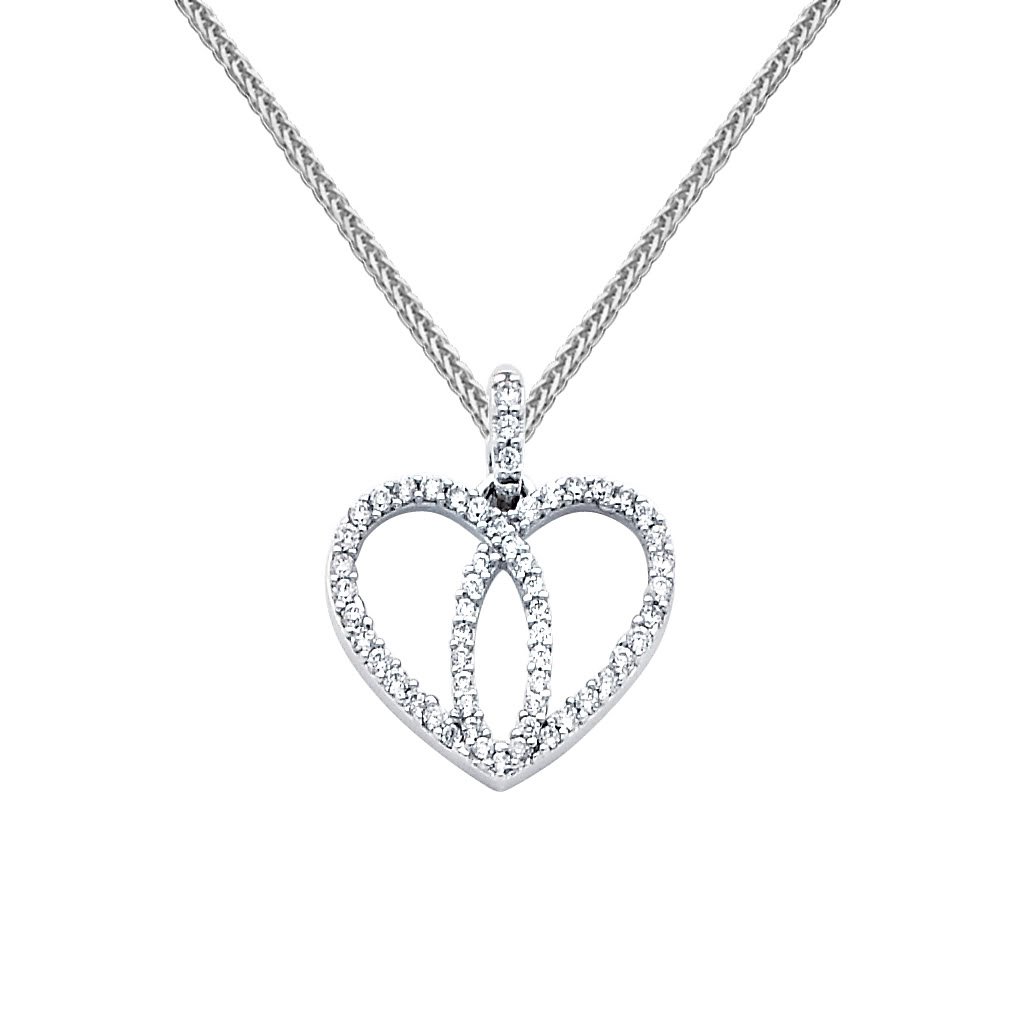14K White Gold Heart CZ Pendant with 0.8mm Braided Square Wheat Chain Necklace - Elegant Jewelry Gift for Women, Perfect for Valentine's Day, Anniversary & Special Occasions