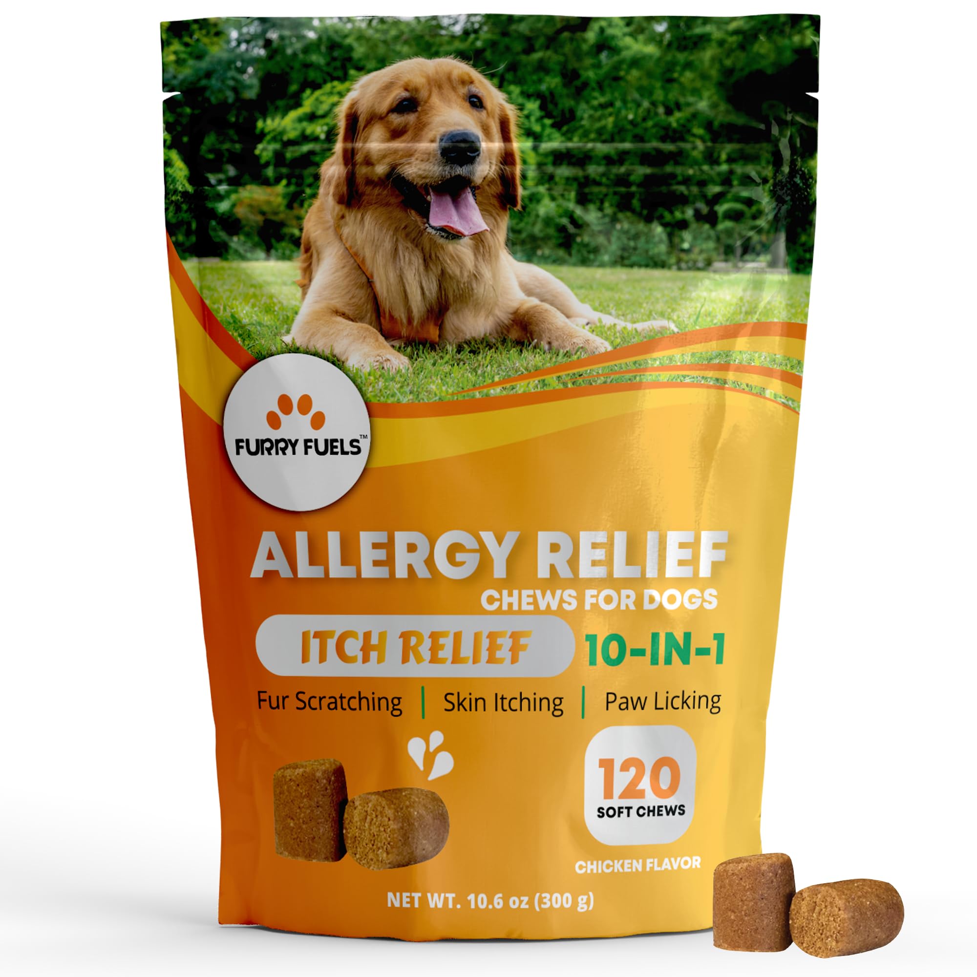 Dog Allergy Relief Chews - 120 Count | Itch & Skin Support for Seasonal Allergies | 10-in-1 Probiotic Supplement for Dogs with Chicken Flavor | Promotes Healthy Coat & Skin | Perfect for Itchy Dogs with Allergies or Sensitive Skin