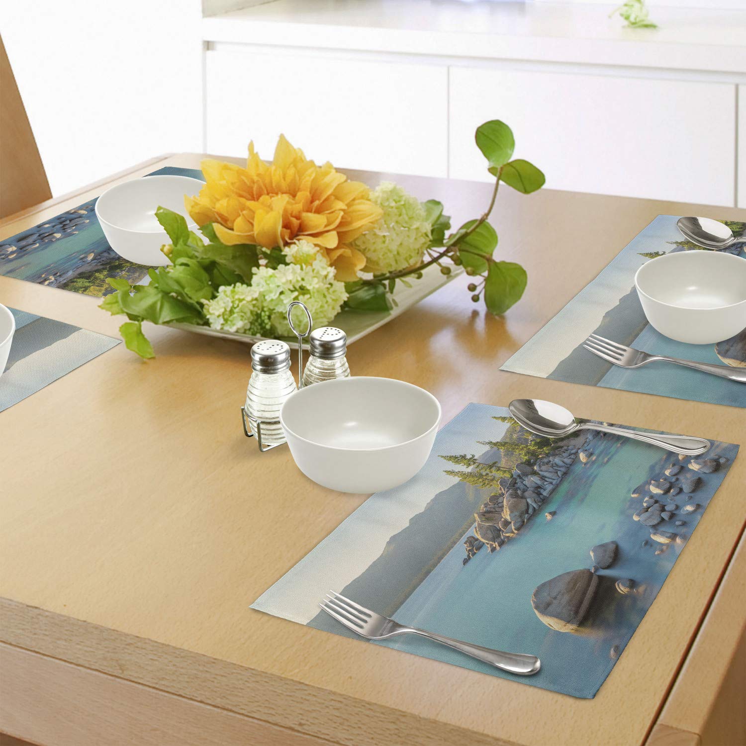 Ambesonne Lake Placemats Set of 4 - Pastoral Spring Scenery Countryside Lake Beach Design, Washable Fabric Table Mats for Dining Room & Kitchen Decor (Blue Grey) | Perfect for Spring Parties, Outdoor Picnics & Farmhouse Style Home Decor