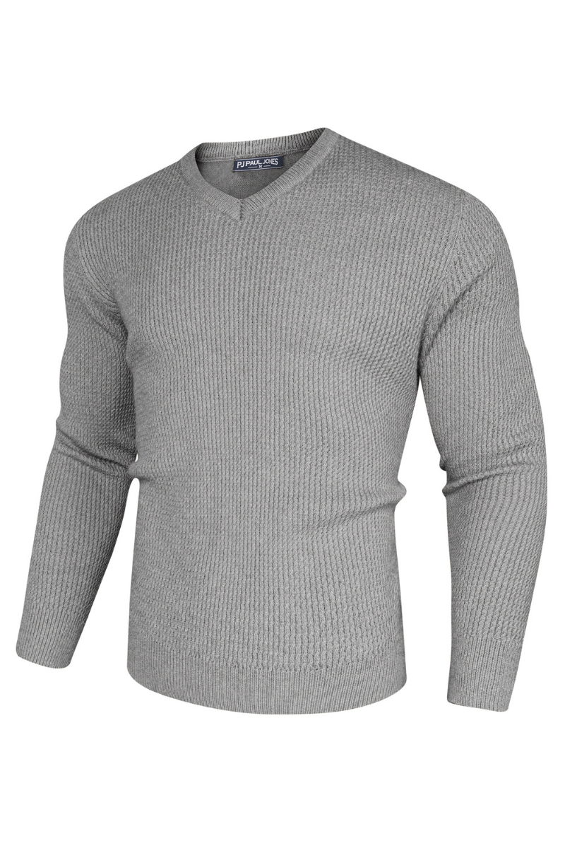 Men's Textured V-Neck Long Sleeve Sweater - Ribbed Cuff Pullover Knit Top for Casual Wear & Winter Fashion