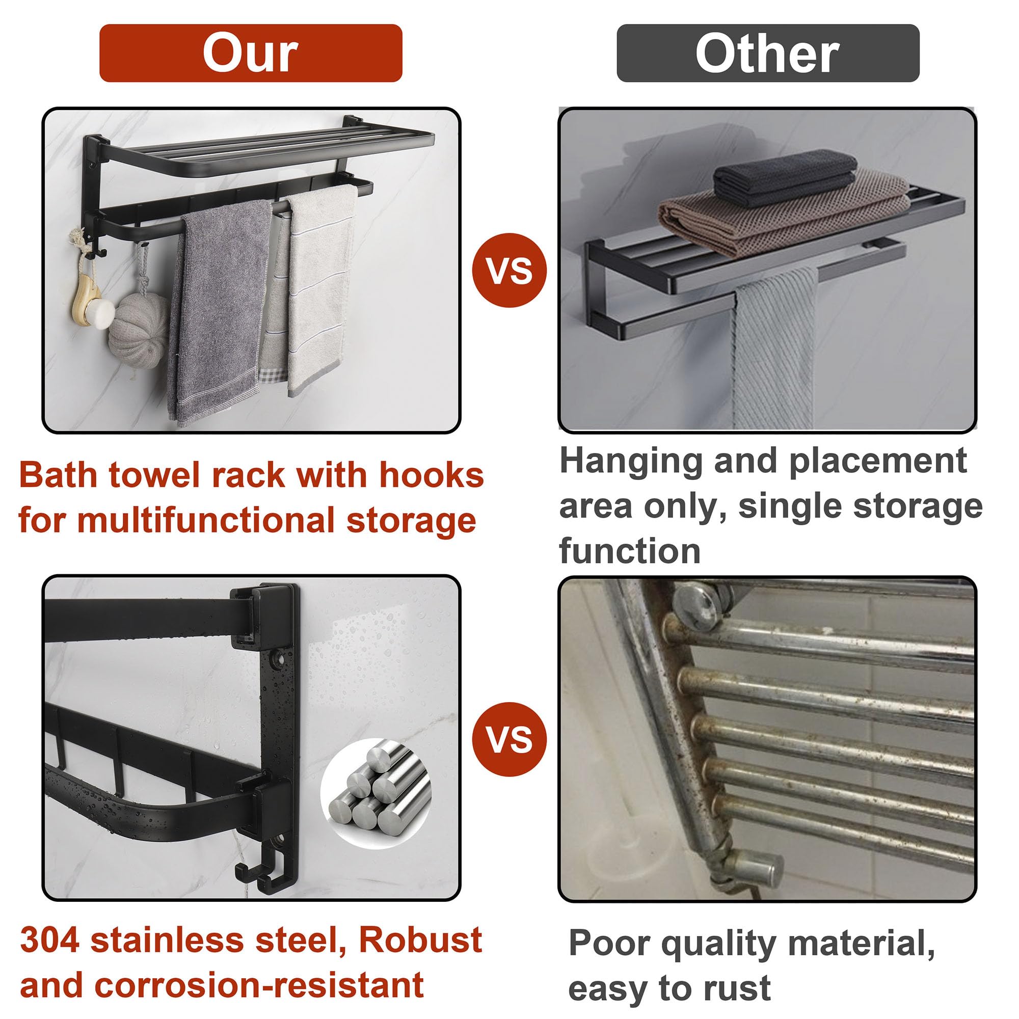 Foldable Stainless Steel Towel Rack for Bathroom - 24 Inch Double Towel Bars with 7 Hooks - Wall Mounted Space Saving Towel Holder - Perfect for Small Bathrooms, Laundry Rooms & Kitchen Towel Storage (Black)