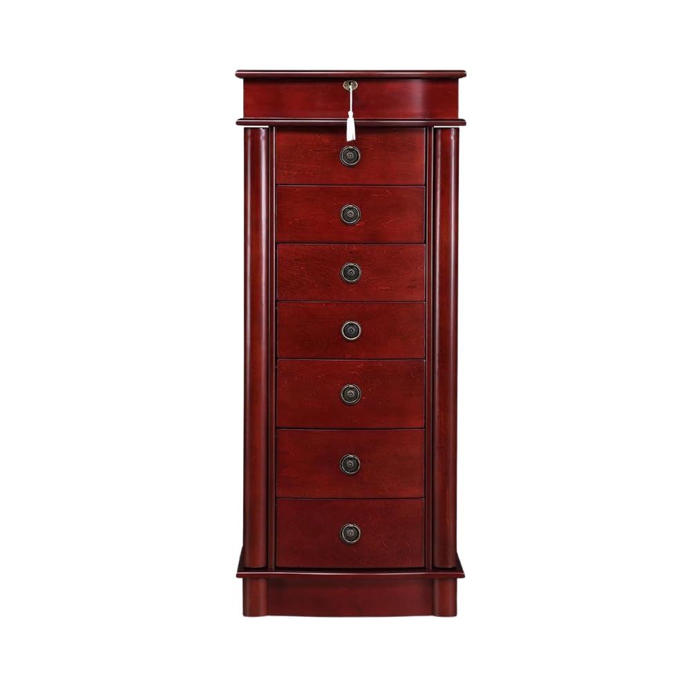Hives & Honey Noel Standing Jewelry Armoire Cabinet - Locking Jewelry Storage Organizer with Flip Mirror, 2 Side Doors & 7 Drawers | Jewelry Chest for Necklaces, Earrings, Bracelets | Cherry Wood Finish | Perfect for Bedroom, Closet & Dressing Room Organization